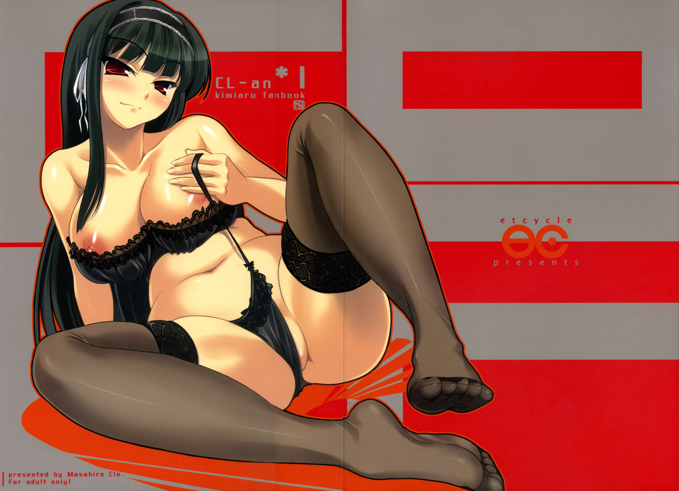 kure masahiro, kuonji shinra, kimi ga aruji de shitsuji ga ore de, highres, bikini, black bra, black hair, blush, bra, breasts, cleavage, curvy, feet, hairband, large breasts, lingerie, long hair, nipples, panties, panty pull, plump, red eyes, side-tie panties, spread legs, swimsuit, thighhighs, thong, toes, underwear