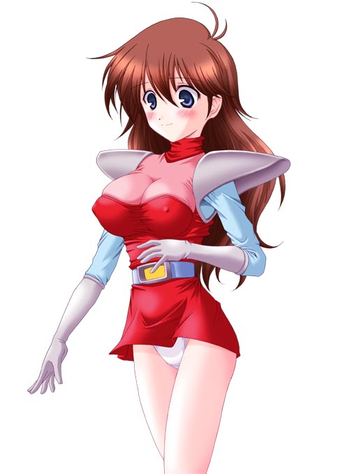 abu, kanda momo, namco, wonder momo, 1girl, blue eyes, breasts, brown hair, covered erect nipples, dress, female focus, large breasts, panties, solo, split mouth, turtleneck, turtleneck dress, two-tone dress, underwear