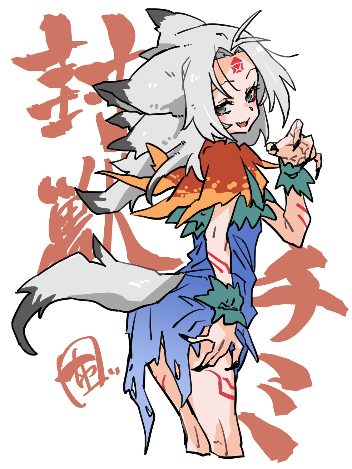 chiwa (fcwv5738), houjuu chimi, fossilized wonders, touhou, highres, 1girl, black nails, blue dress, bodypaint, capelet, dress, facial mark, fang, fingernails, forehead mark, from side, grey eyes, grey hair, long fingernails, long hair, looking at viewer, looking to the side, open mouth, sharp fingernails, skin fang, smile, solo, tail, wrist cuffs