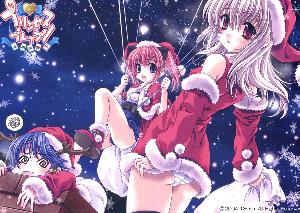 miyama-zero, katsuragi kao, kishi aimi, sakurami shieru, princess brave, silver hair, 3girls, animal ears, antlers, ass, bag, bell, belt, blue eyes, blue hair, blush, boots, christmas, fang, female focus, from behind, hat, horns, looking back, multiple girls, night, one-piece swimsuit, panties, pantyshot, pink hair, red eyes, sack, santa costume, santa hat, school swimsuit, short hair, snow, snowflakes, snowing, swimsuit, swimsuit under clothes, twintails, underwear, white panties