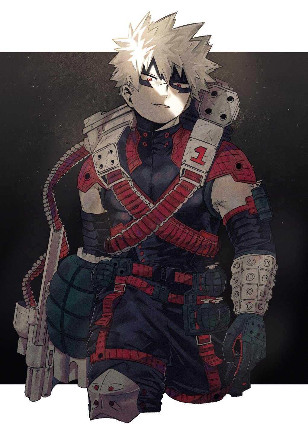 jviq95, bakugou katsuki, boku no hero academia, highres, 1boy, armor, bandolier, bare shoulders, belt, black gloves, black mask, black pants, black shirt, blonde hair, cropped legs, gloves, male focus, mask, pants, parted lips, pauldrons, red belt, red eyes, shirt, short hair, shoulder armor, smile, solo, spiked hair, superhero costume, teeth