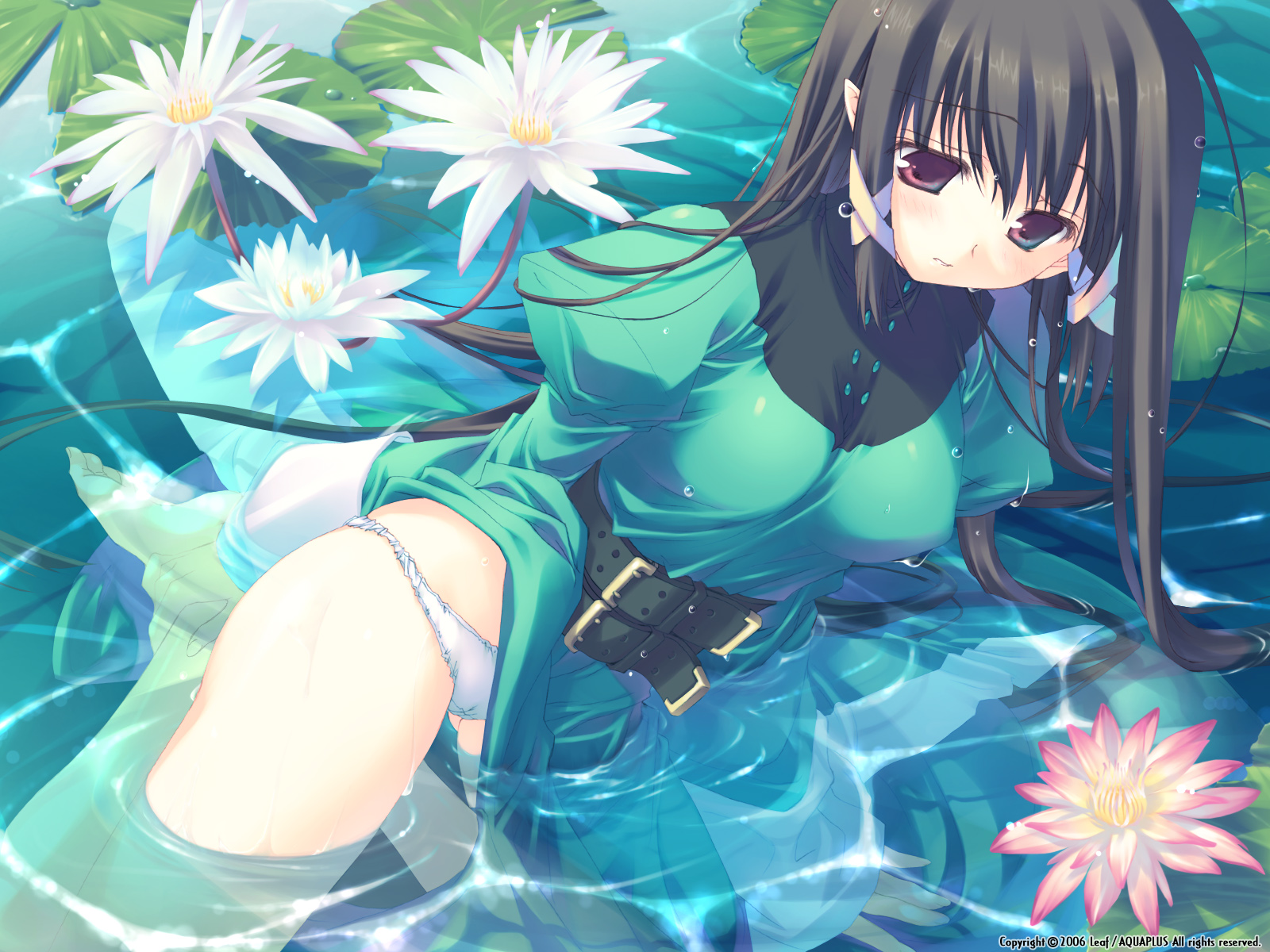 mitsumi misato, sierramylene, fullani, duplicate, game cg, highres, 1girl, ankle grab, barefoot, belt, black hair, blush, brown hair, cameltoe, clothes lift, dress, dress lift, elf, feet, female focus, flower, green dress, hair ribbon, hands on feet, kneeling, lace, lace-trimmed panties, lace trim, lily pad, long hair, looking down, lowleg, lowleg panties, nun, panties, pantyshot, pointy ears, purple eyes, ribbon, sheramirenu, solo, submerged, thighs, underwear, very long hair, water, water lily flower, wet, wet clothes, white panties