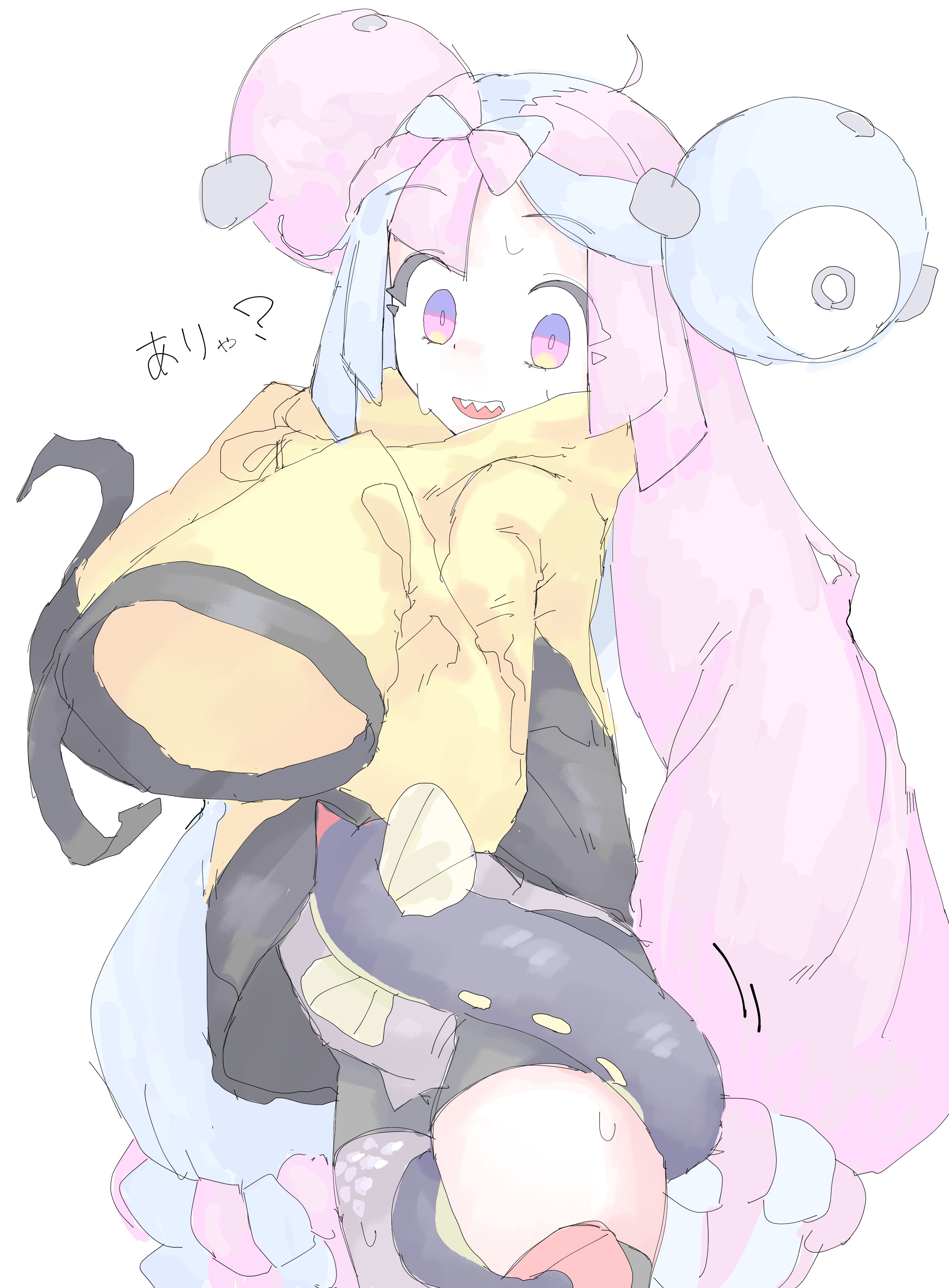 mocamocaink, eelektrik, iono (pokemon), magnemite, nintendo, pokemon, pokemon bw, pokemon sv, absurdres, highres, 1girl, blue hair, blush, bow-shaped hair, character hair ornament, fake hair bun, gen 1 pokemon, gen 5 pokemon, grey pantyhose, hair ornament, halter shirt, halterneck, hexagon print, jacket, long hair, long sleeves, multicolored hair, open mouth, oversized clothes, pantyhose, pink hair, sharp teeth, single leg pantyhose, sleeves past fingers, sleeves past wrists, solo, split-color hair, teeth, two-tone hair, very long sleeves, x (symbol), yellow jacket