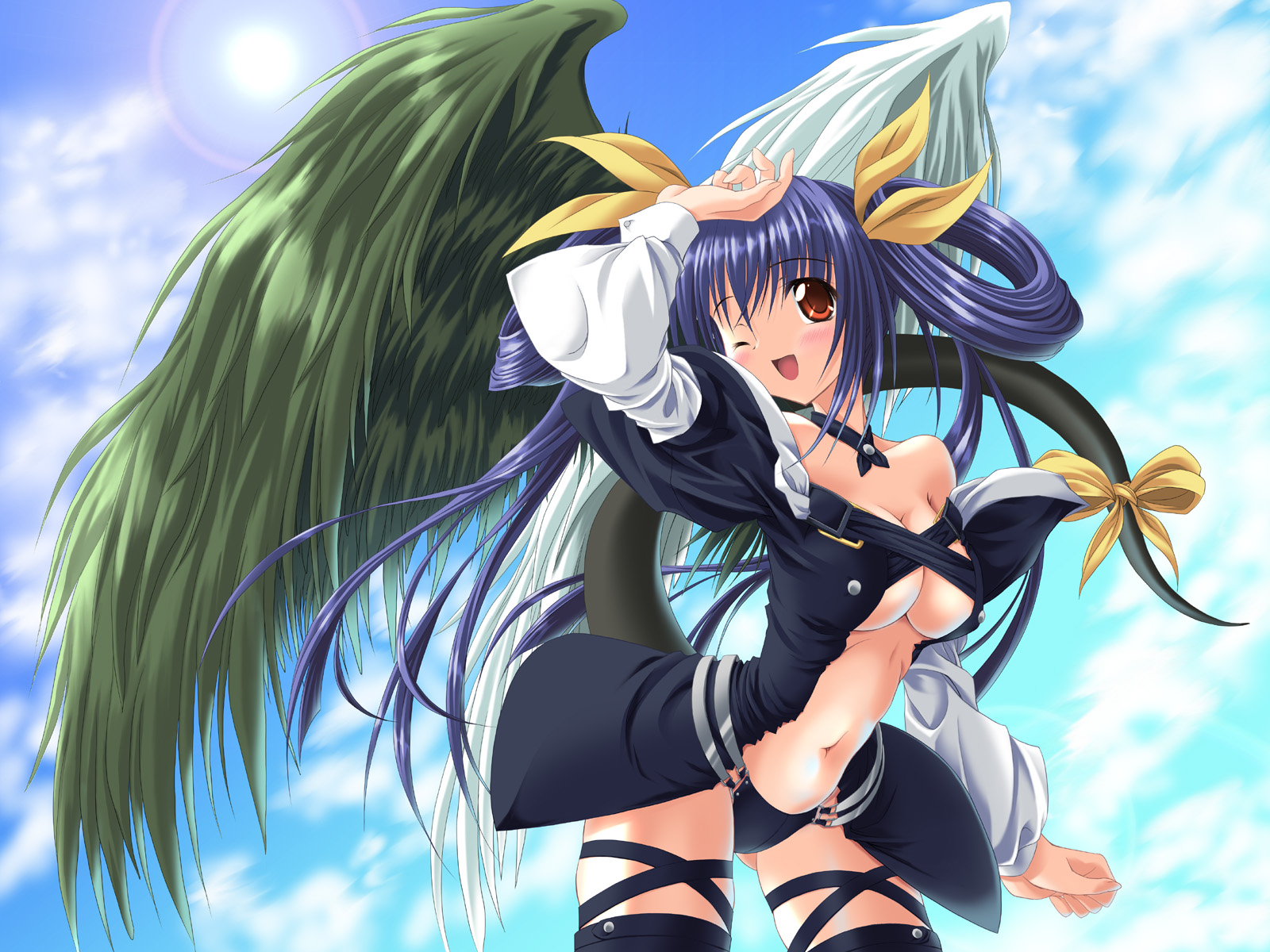 noritama (gozen), dizzy (guilty gear), arc system works, guilty gear, highres, 1girl, asymmetrical wings, blush, female focus, hair rings, one eye closed, ribbon, smile, solo, tail, tail ornament, tail ribbon, thighhighs, wings, wink