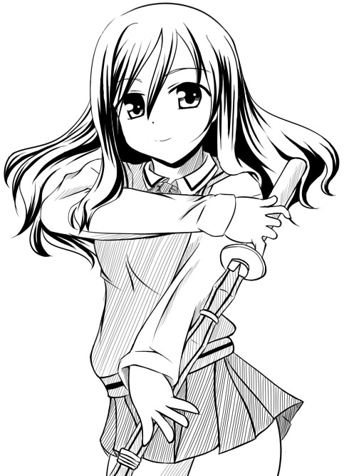 jun (aoerm), miyazaki miyako, bamboo blade, 00s, greyscale, monochrome, school uniform, serafuku, shinai, solo, sword, weapon