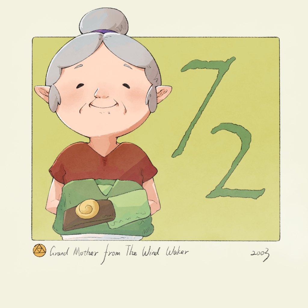 yangyaozigo, link's grandma, nintendo, the legend of zelda, the legend of zelda: the wind waker, 1girl, ^ ^, border, character name, closed eyes, copyright name, green background, hair bun, looking at viewer, outside border, pointy ears, smile, solo, unworn clothes, white hair
