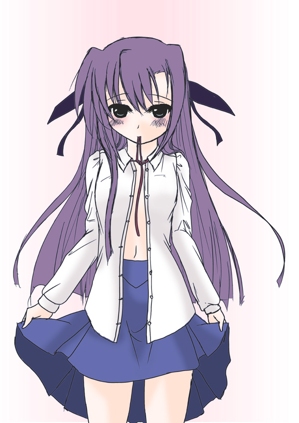 frapowa, ginga nakajima, lyrical nanoha, mahou shoujo lyrical nanoha, mahou shoujo lyrical nanoha strikers, unfinished, 00s, mouth hold, open clothes, open shirt, ribbon, shirt, skirt, solo