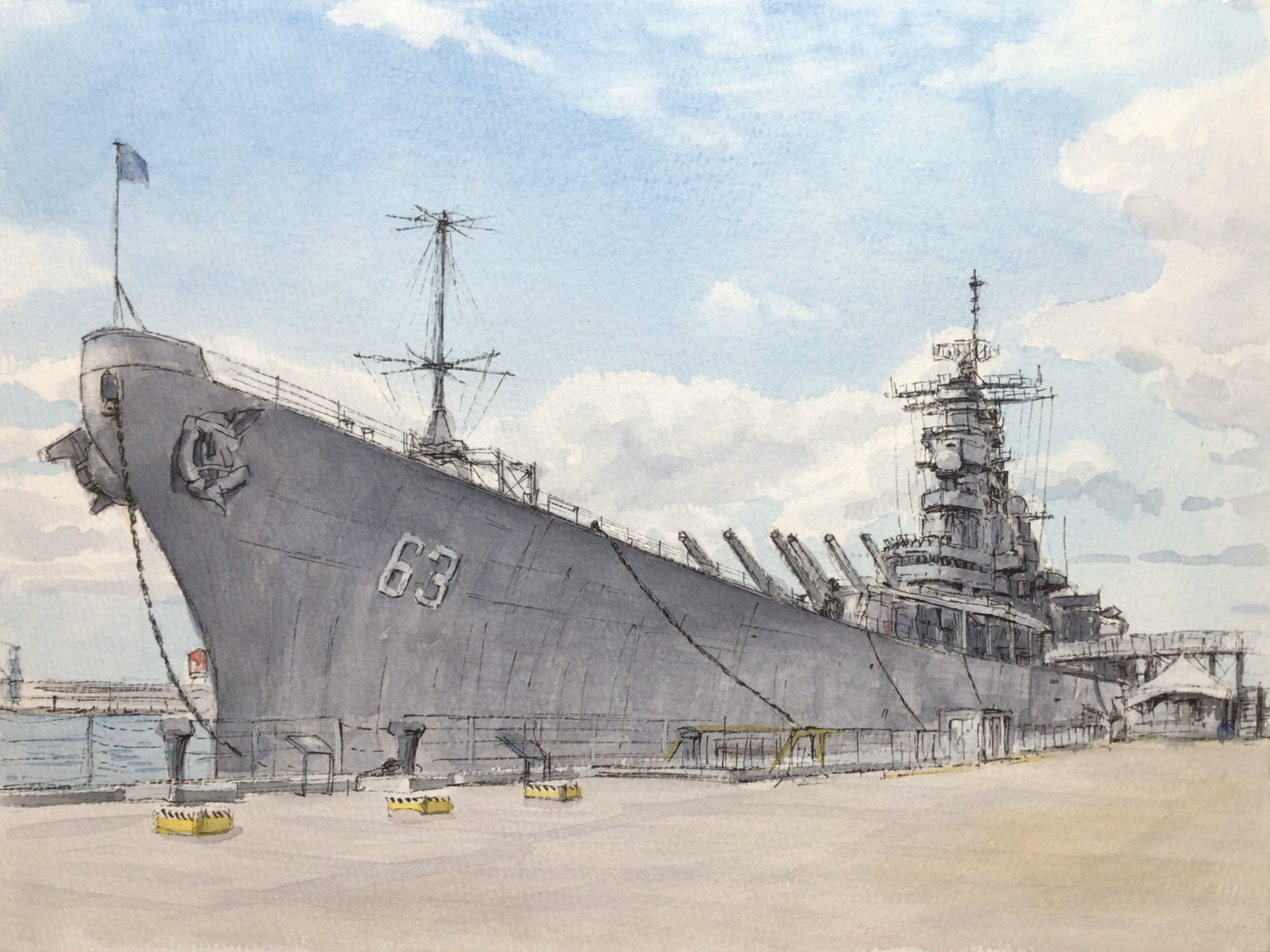 atelier bono, uss missouri (bb-63), original, united states navy, commentary request, highres, painting (medium), traditional media, watercolor (medium), anchor, battleship, blue sky, cannon, cloud, mast, military vehicle, museum, no humans, pearl harbor, pier, port, radar, real world location, scenery, ship, ship turret, sky, vehicle focus, warship, watercraft