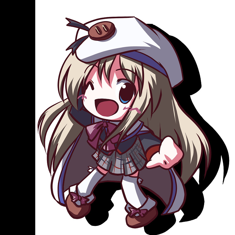 fictional sister, noumi kudryavka, little busters!, 1girl, blue eyes, bow, buttons, cape, chibi, female focus, hat, large buttons, long hair, one eye closed, pink bow, solo, wink