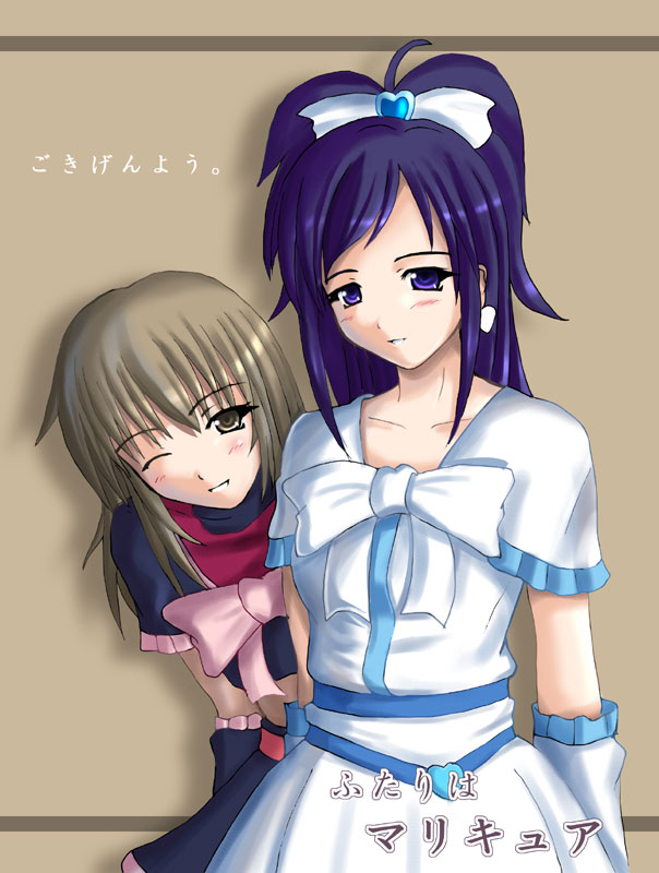 c-wing, cure black, cure white, misumi nagisa, satou sei, toudou shimako, yukishiro honoka, futari wa precure, maria-sama ga miteru, precure, 2girls, alternate hair color, alternate hairstyle, black hair, bow, brown background, brown eyes, brown hair, cosplay, cure black (cosplay), cure white (cosplay), hair bow, half updo, long hair, magical girl, multiple girls, one eye closed, purple eyes, ribbon, smile