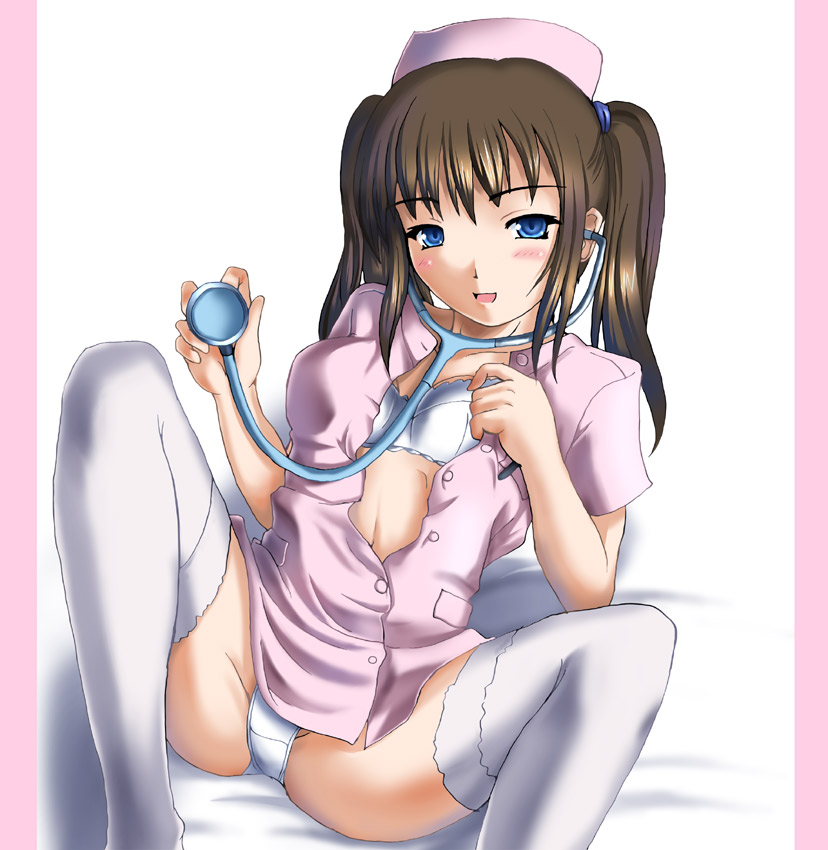 c-wing, 1girl, blue eyes, bra, breasts, brown hair, female focus, hat, legs, lingerie, nurse, nurse cap, open clothes, open shirt, panties, shirt, sitting, solo, spread legs, stethoscope, thighhighs, twintails, underwear, white background, white panties