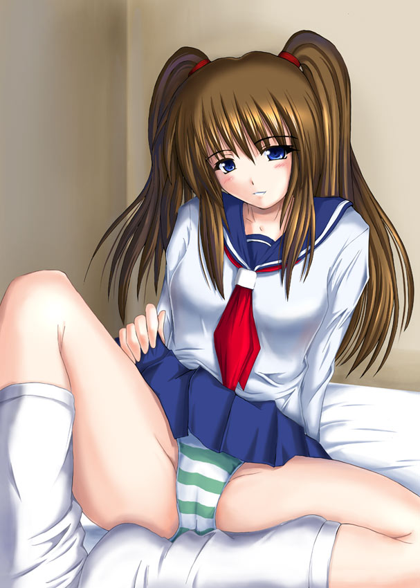 c-wing, 1girl, blue eyes, brown hair, female focus, indoors, panties, school uniform, serafuku, socks, solo, spread legs, striped clothes, striped panties, twintails, underwear