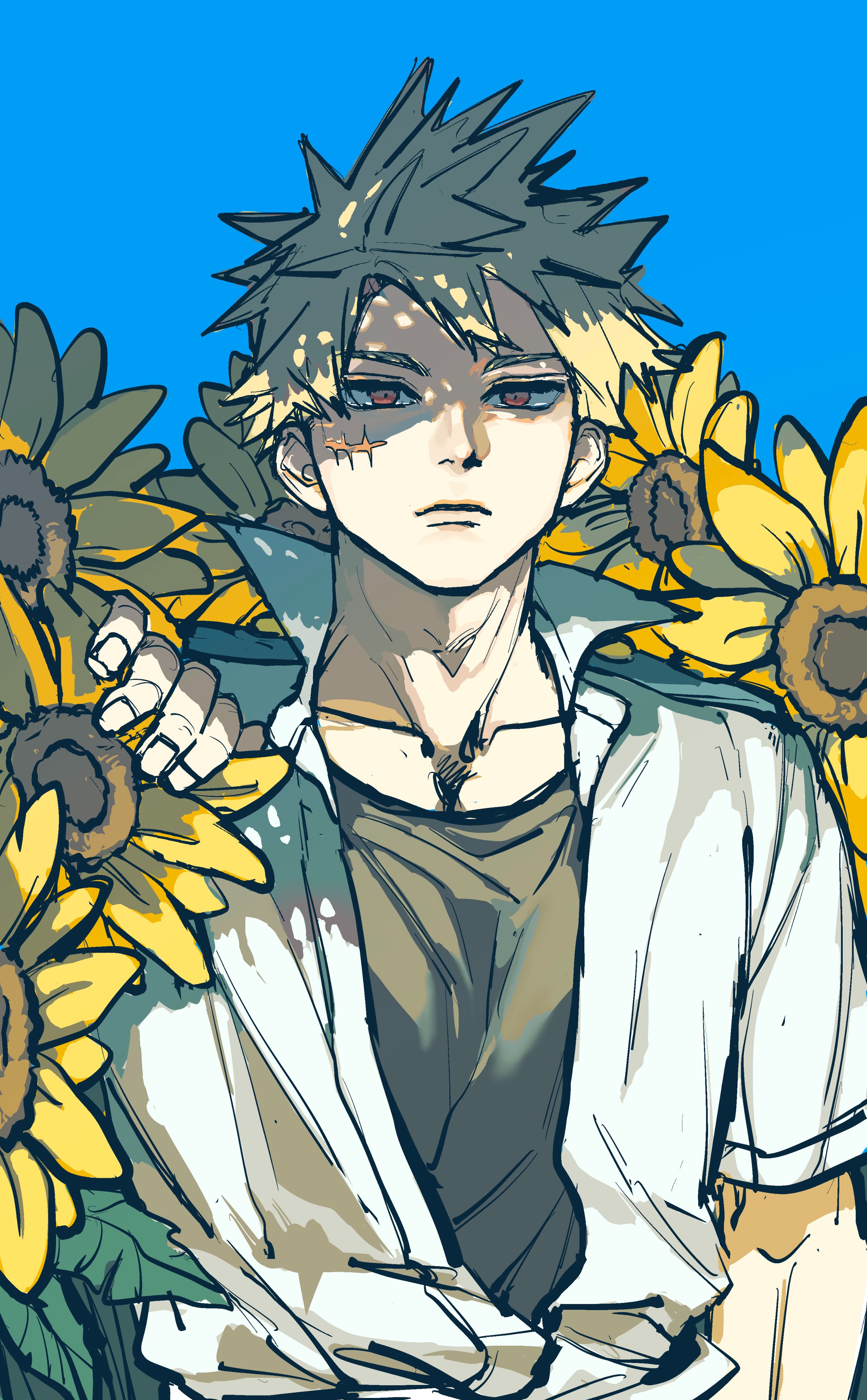 bakugou katsuki, boku no hero academia, absurdres, commentary, commentary request, highres, korean commentary, 1boy, black shirt, blue sky, closed mouth, collarbone, collared shirt, crew neck, facial scar, field, flower, flower field, frown, looking ahead, male focus, naangqq, orange eyes, partially shaded face, popped collar, scar, scar on cheek, scar on face, shirt, short sleeves, sky, solo, sunflower, upper body, white shirt, yellow flower