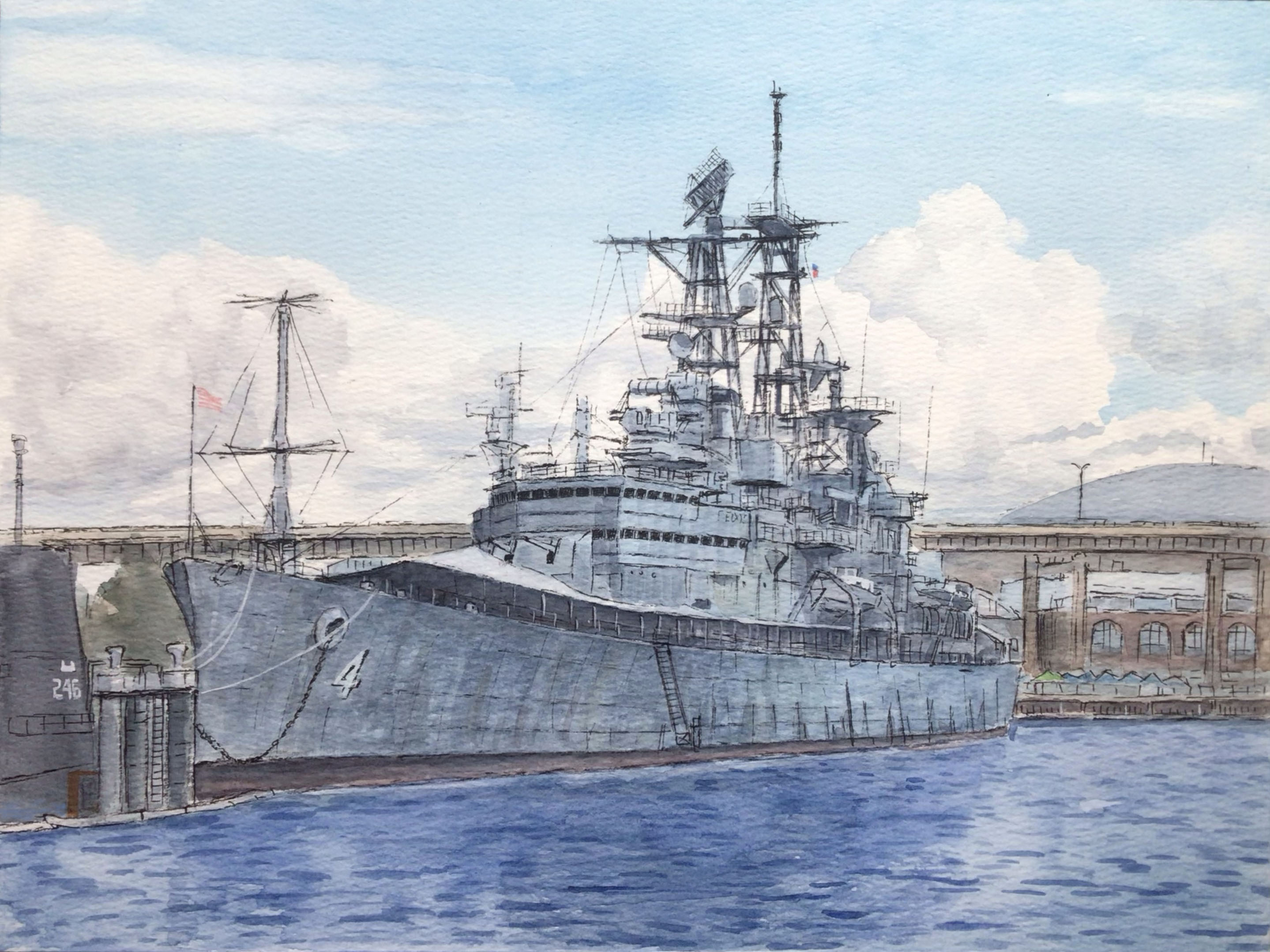 atelier bono, original, commentary request, highres, painting (medium), traditional media, watercolor (medium), blue sky, bridge, cloud, cruiser, flag, mast, military vehicle, museum, no humans, ocean, pier, radar, real world location, scenery, ship, sky, submarine, uss croaker (ss-246), uss little rock (cl-92), vehicle focus, warship, watercraft