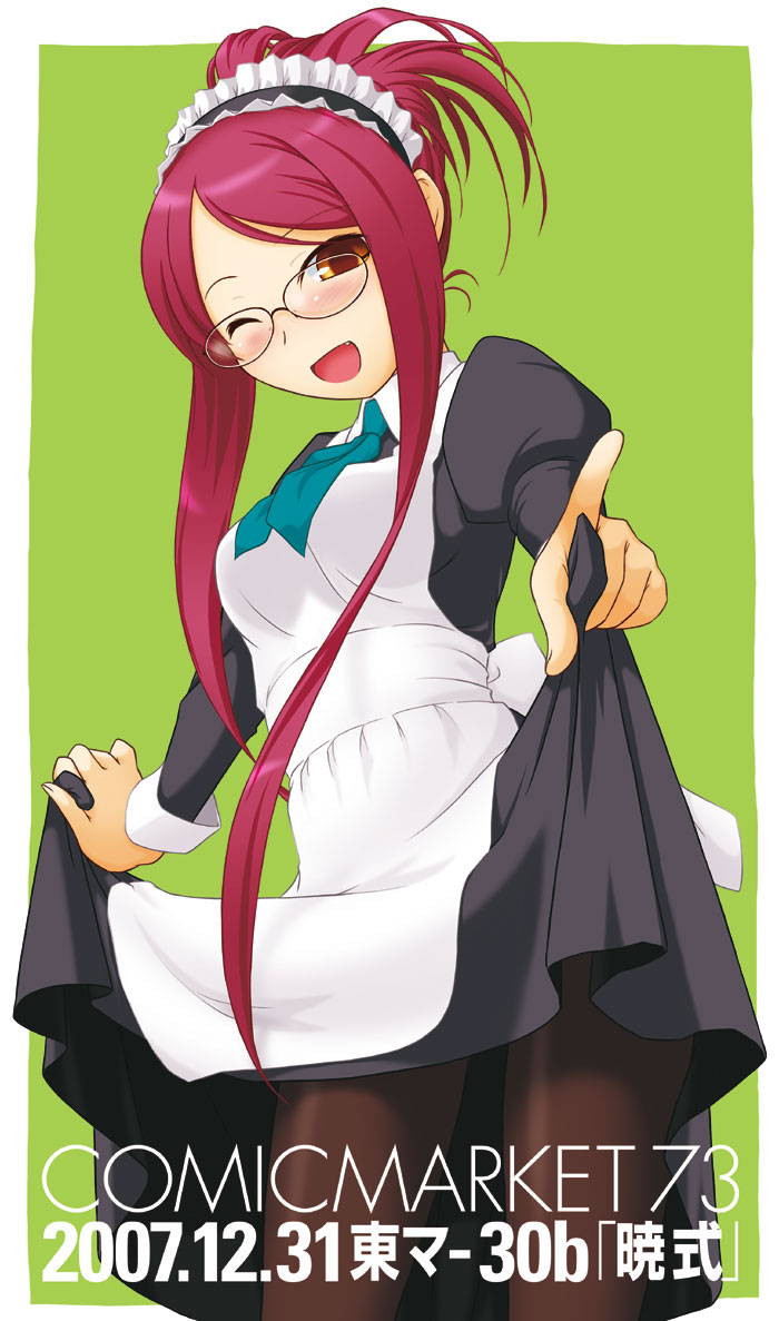 akatsuki (akatsukishiki), akatsuki (artist), original, 1girl, blush, clothes lift, female focus, glasses, long hair, maid, one eye closed, pantyhose, skirt, skirt lift, solo, wink