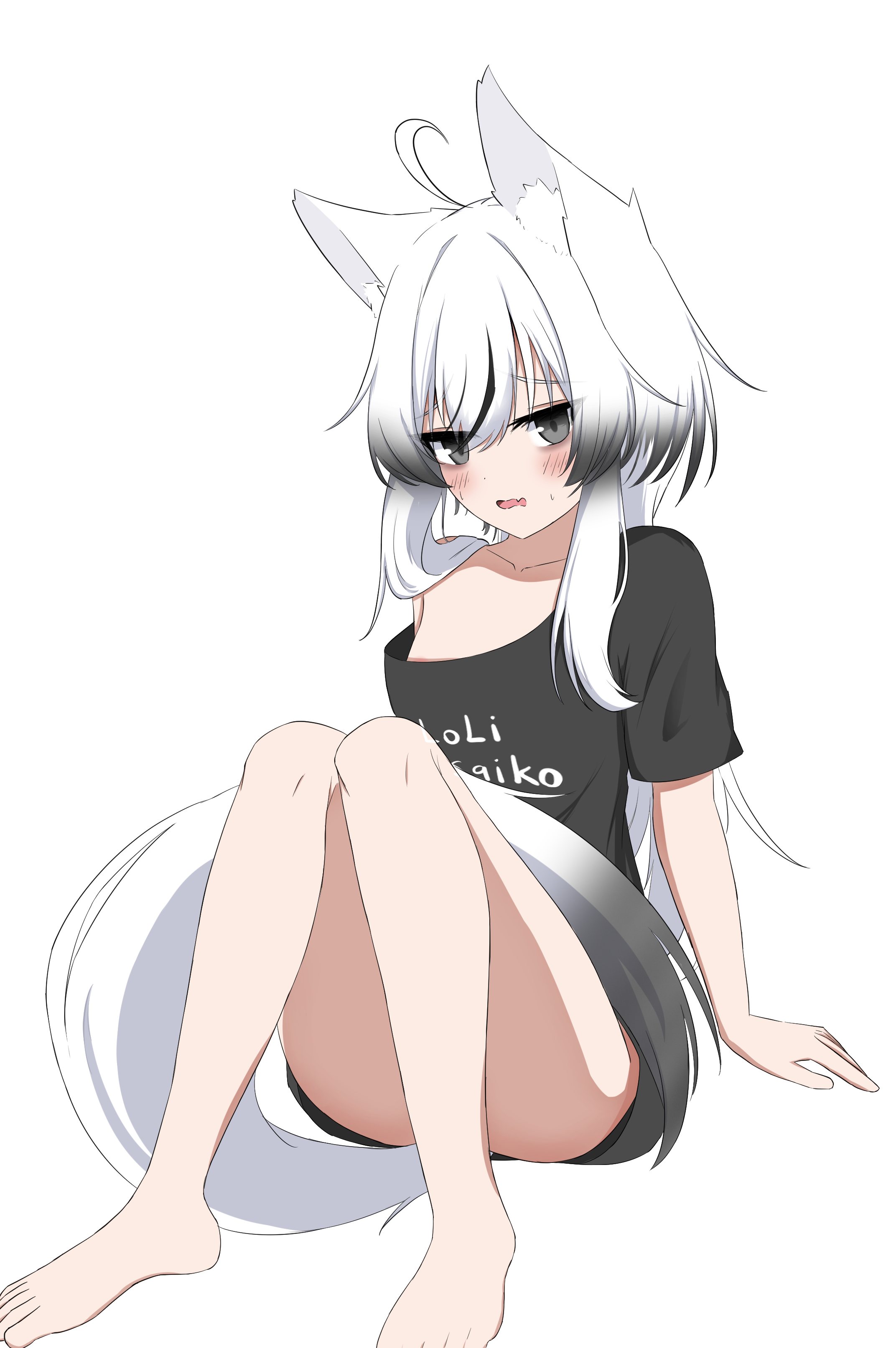 natsuginji, original, absurdres, commentary request, highres, 1girl, animal ear fluff, animal ears, bare legs, bare shoulders, barefoot, black hair, black shirt, clothes writing, collarbone, convenient leg, fox ears, fox girl, fox tail, gradient hair, grey eyes, hair between eyes, knees together feet apart, long hair, looking at viewer, multicolored hair, off shoulder, parted lips, shirt, short sleeves, simple background, solo, streaked hair, tail, very long hair, wavy mouth, white background, white hair