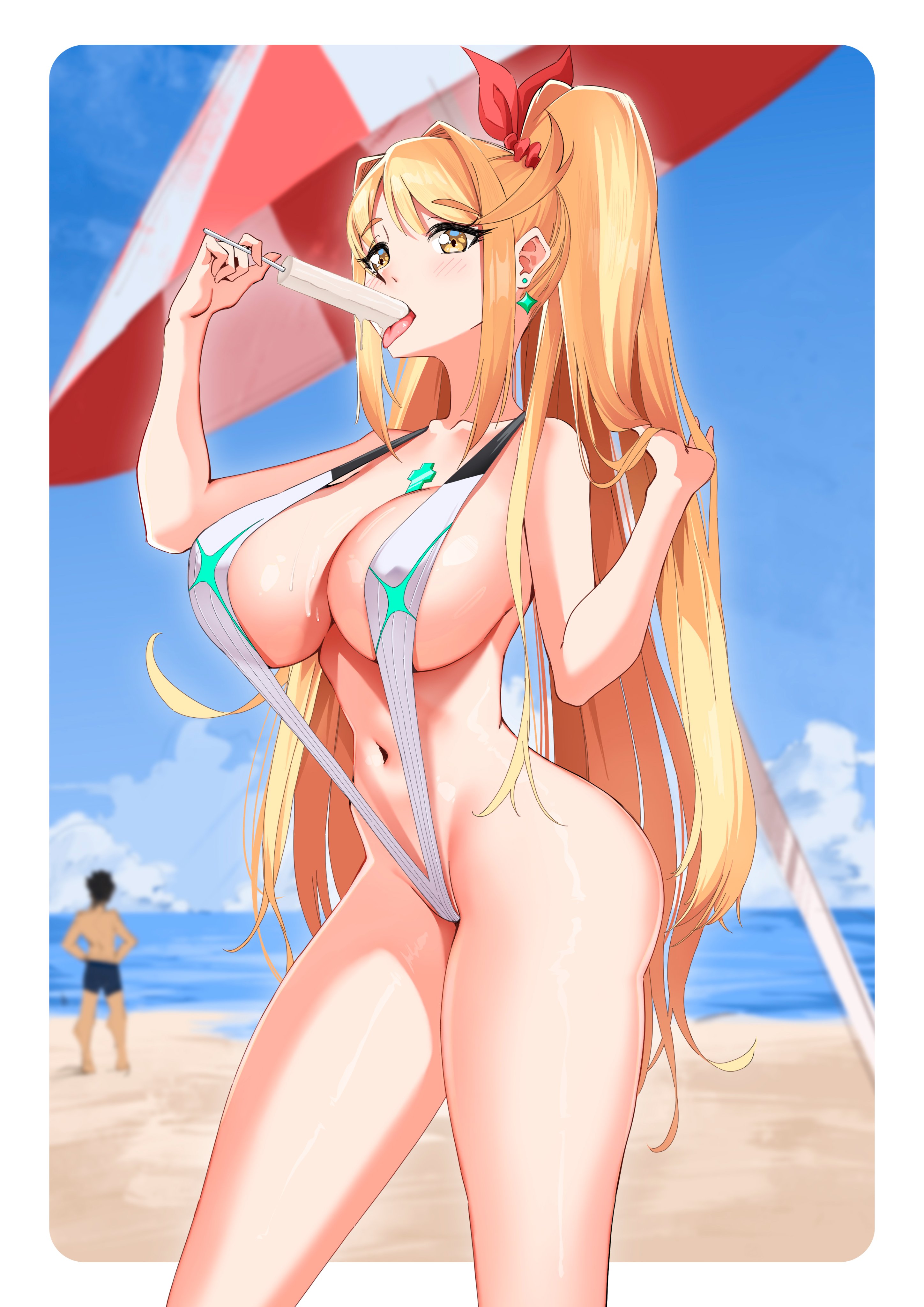 i am anddo, mythra (xenoblade), xenoblade chronicles (series), xenoblade chronicles 2, absurdres, highres, alternate costume, alternate hairstyle, blonde hair, breasts, large breasts, ponytail, yellow eyes