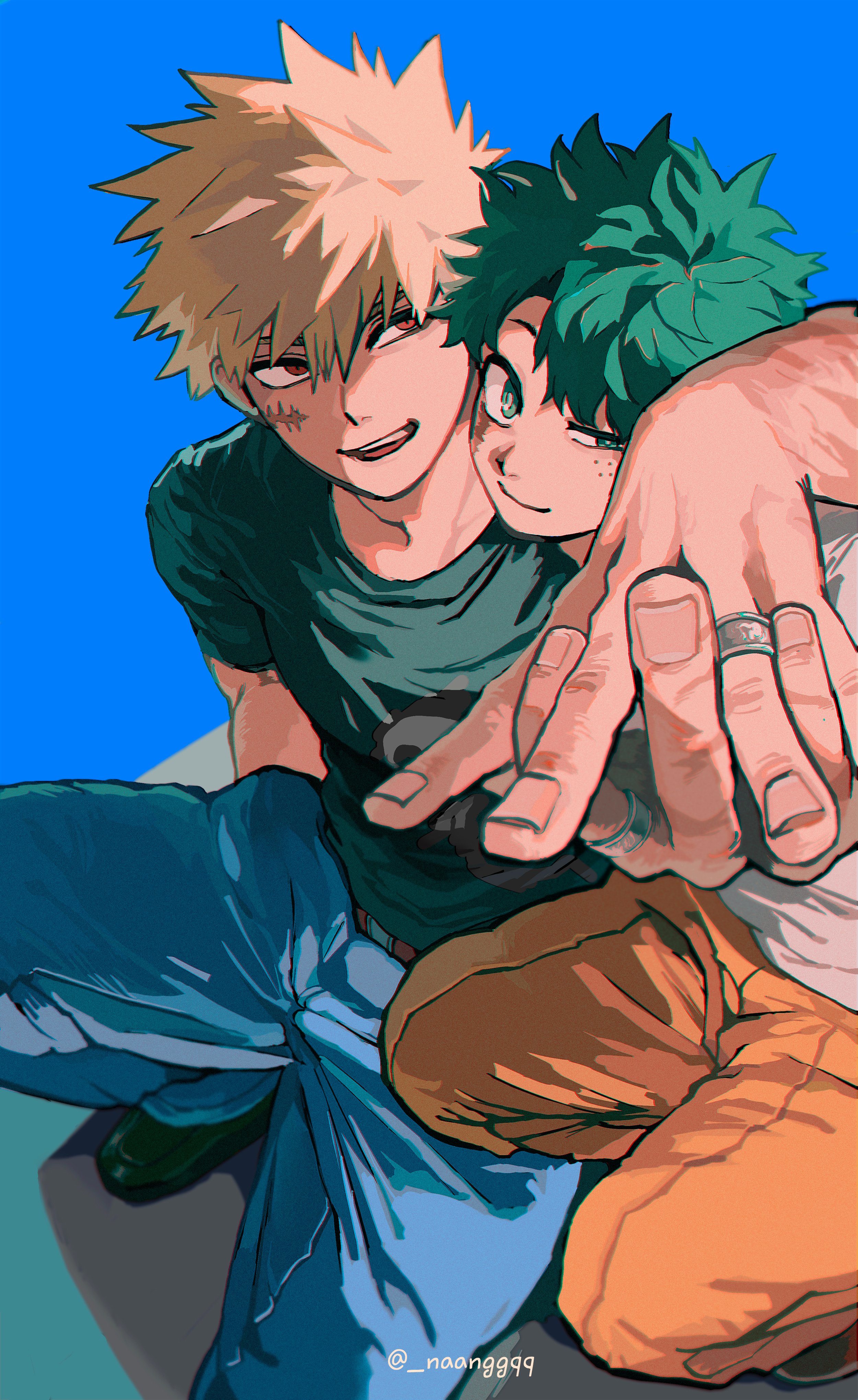bakugou katsuki, boku no hero academia, absurdres, commentary, commentary request, highres, 2boys, arm up, black shirt, black shoes, blonde hair, blue background, blue pants, cheek-to-cheek, closed mouth, denim, facial scar, fingernails, freckles, green hair, heads together, holding hands, interlocked fingers, jeans, looking to the side, male focus, multiple boys, naangqq, open mouth, orange pants, pants, print shirt, red eyes, scar, scar on arm, scar on cheek, scar on face, shirt, shoes, short hair, short sleeves, sideways glance, simple background, sitting, smile, t-shirt, teeth, twitter username, uneven eyes, upper teeth only, white shirt, yaoi