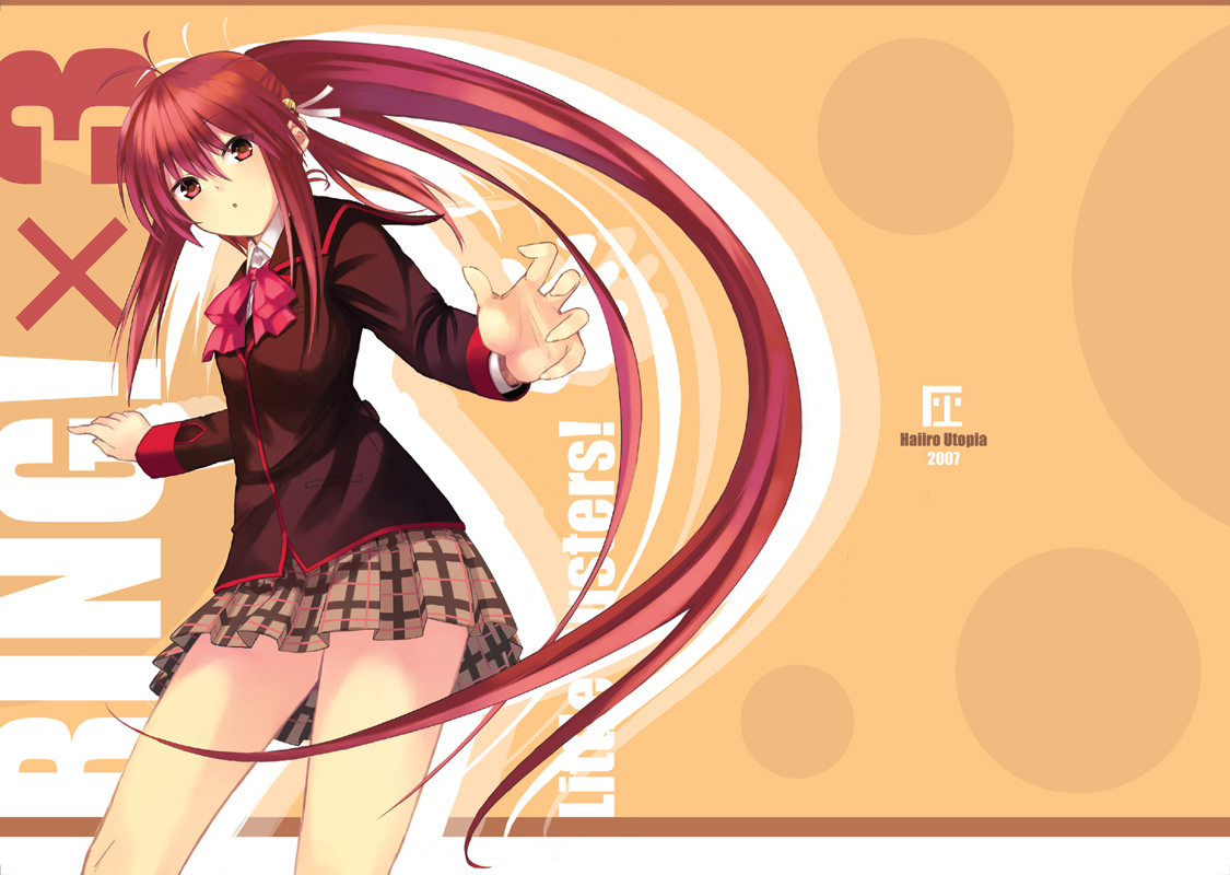 kitagawa unagi, natsume rin, little busters!, beige background, 1girl, bow, bowtie, brown skirt, contrapposto, female focus, long hair, long sleeves, looking at viewer, pink bow, red bow, red bowtie, red eyes, school uniform, serafuku, simple background, skirt, solo, standing, very long hair