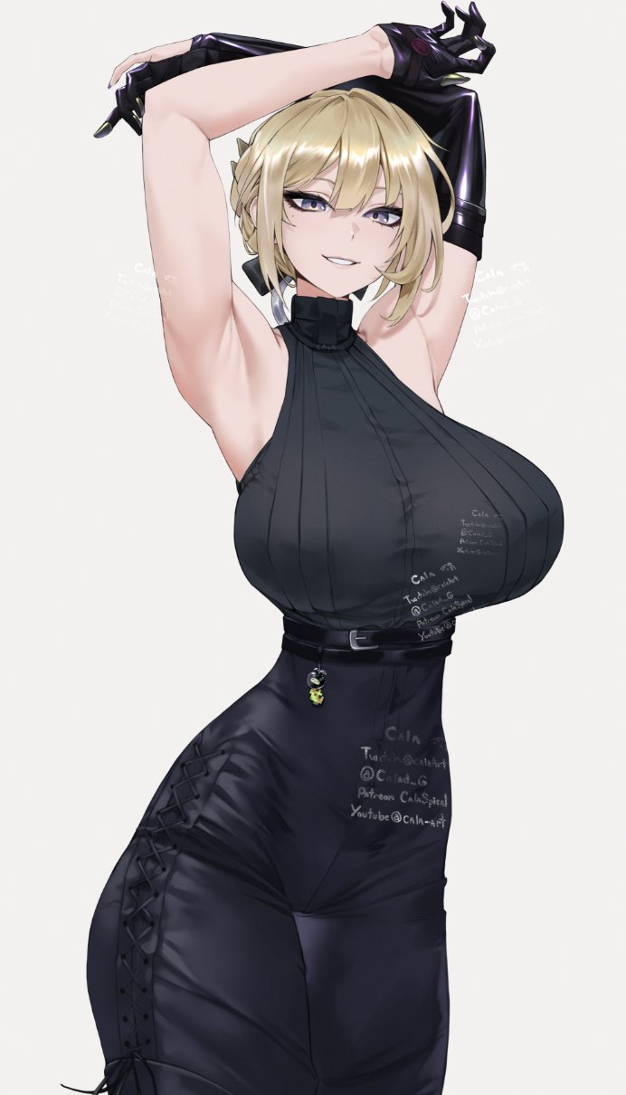 gabriel carrasquillo, evelyn chevalier, zenless zone zero, commentary, english commentary, highres, 1girl, armpits, arms up, artist name, bare shoulders, belt, belt charm, black gloves, black pants, black shirt, blonde hair, breasts, charm (object), criss-cross strings, elbow gloves, gloves, hair between eyes, half gloves, high-waist pants, large breasts, looking at viewer, mole, mole under eye, pants, parted lips, patreon username, purple eyes, ring hair ornament, shirt, shirt tucked in, short hair, simple background, single elbow glove, single half glove, sleeveless, sleeveless shirt, sleeveless turtleneck, smile, solo, thighs, turtleneck, twitch username, twitter username, white background, youtube username