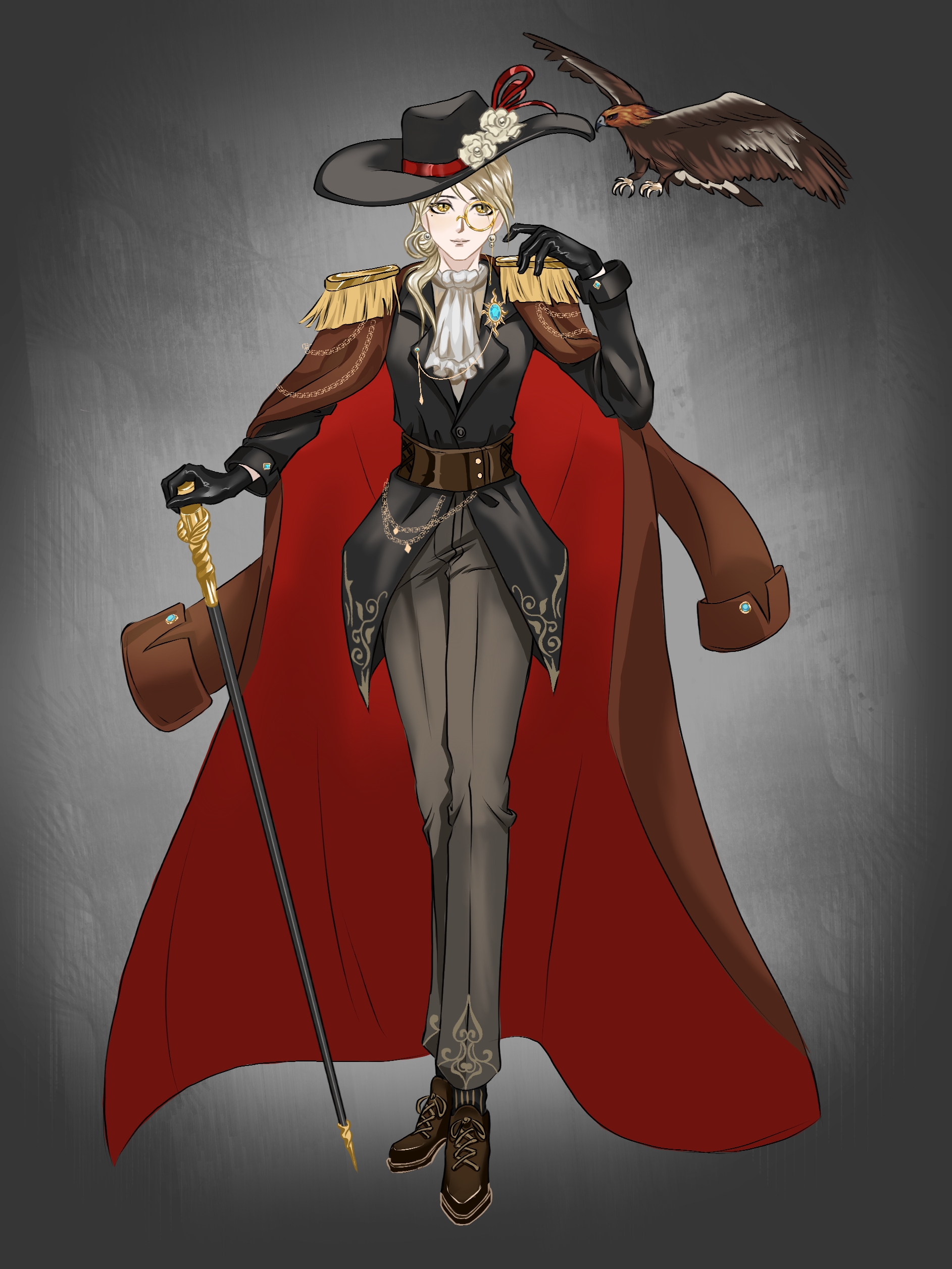 infinity nikki, nikki (series), absurdres, highres, 1girl, animal, ascot, bird, black hair, black hat, black jacket, blonde hair, brown coat, brown corset, brown shoes, cane, closed mouth, coat, coat on shoulders, collared jacket, corset, cross-laced shoes, dress pants, dress shoes, earrings, epaulettes, eyelashes, flower, full body, grey background, grey pants, hair over shoulder, hand on own shoulder, hat, hat flower, hat ribbon, hawk, holding, holding cane, jacket, jewelry, lapels, light smile, lips, long hair, long sleeves, low ponytail, monocle, notched lapels, pants, ponytail, qiaoqiao382, red coat, red ribbon, ribbon, rose, round eyewear, shoes, sleeve cuffs, solo, sphere earrings, standing, stylist (nikki), sun hat, two-sided coat, two-sided fabric, vignetting, wavy hair, white ascot, white flower, white rose, yellow eyes