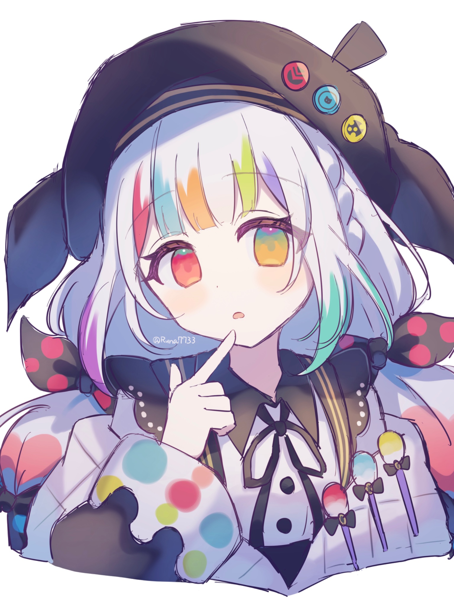 runa (runa7733), jougasaki noa, mahou shoujo no majo saiban, commentary request, highres, 1girl, beret, black bow, black ribbon, blunt bangs, bow, braid, finger to mouth, hair bow, hand up, hat, heterochromia, index finger raised, long hair, long sleeves, looking at viewer, magical girl, multi-tied hair, multicolored hair, neck ribbon, open mouth, paintbrush, polka dot, polka dot bow, red eyes, ribbon, simple background, solo, streaked hair, twin braids, upper body, white background, white hair, yellow eyes