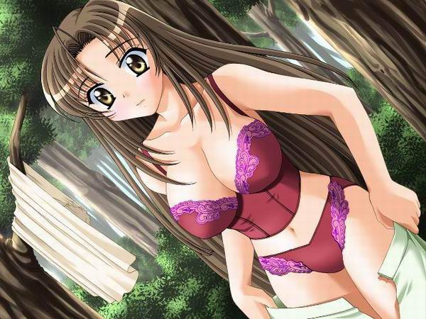 kanekiyo miwa, trouble witch's!!, character request, 1girl, blush, breasts, brown eyes, brown hair, bush, bustier, cleavage, collarbone, forest, large breasts, lingerie, long hair, looking at viewer, nature, navel, open mouth, panties, panties over pantyhose, pantyhose, red panties, skirt, standing, tree, underwear, undressing, white skirt
