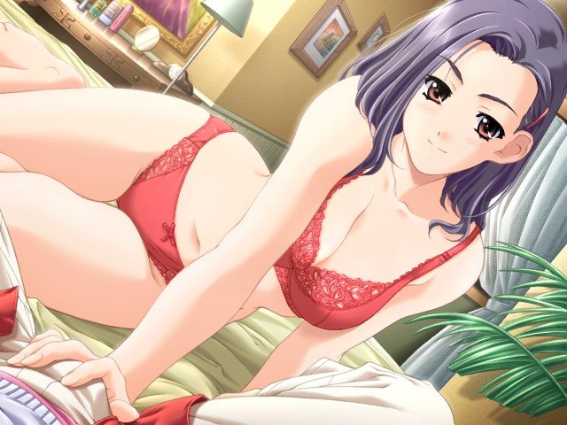 makimura tomoko, dousoukai refrain, game cg, 1girl, bed, bra, female focus, lingerie, panties, purple hair, red bra, red eyes, red panties, solo, underwear, underwear only