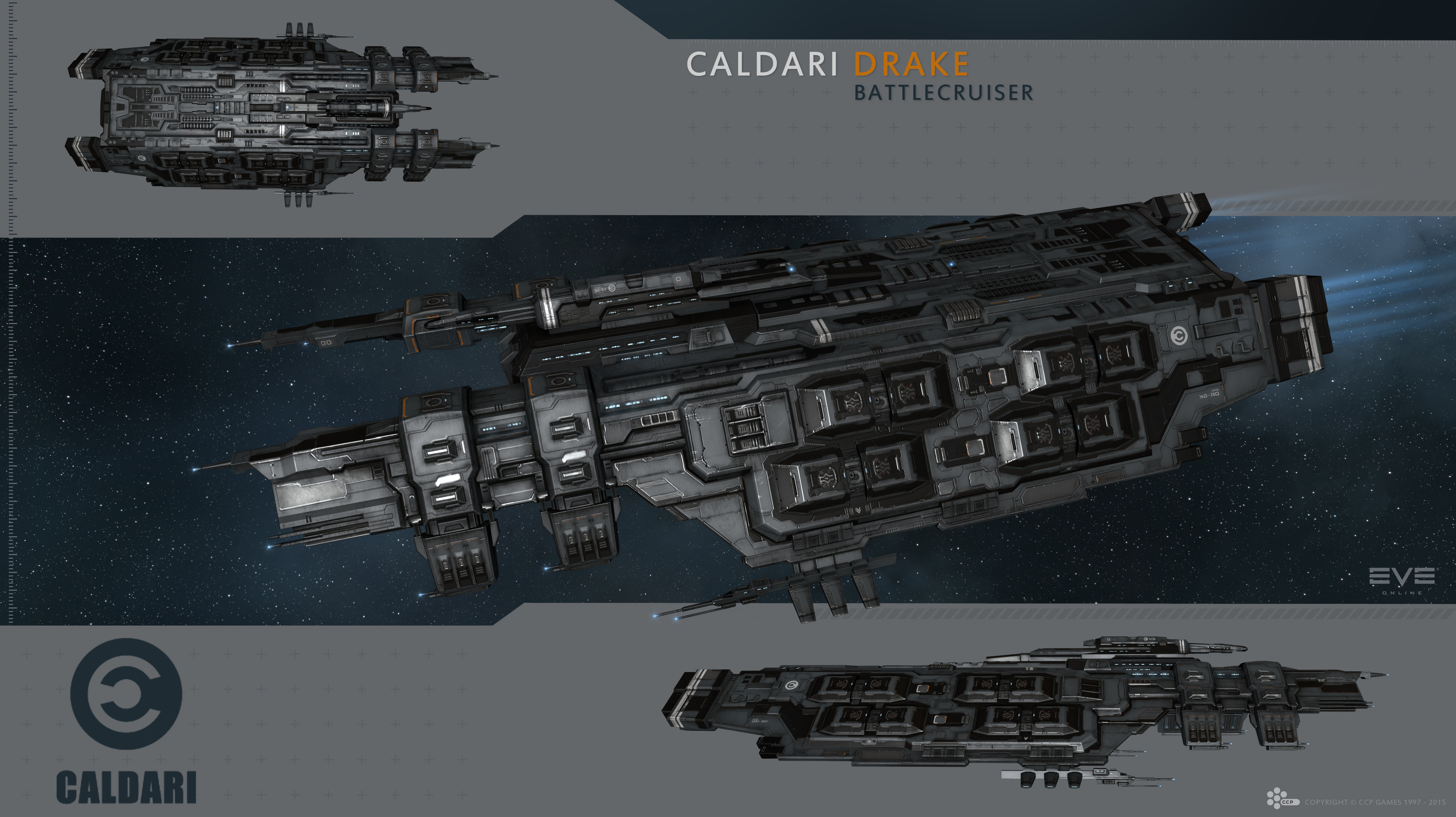 eve online, absurdres, commentary, highres, maya (medium), official art, 3d, battlecruiser (eve online), caldari state (eve online), combat ship (eve online), company logo, company name, copyright logo, copyright name, dated, drake (eve online), flying, glowing, grey theme, kaalakiota corporation (eve online), logo, military vehicle, no humans, radio antenna, realistic, science fiction, space, spacecraft, star (sky), starry sky background, support ship (eve online), vehicle focus, vehicle name, ymir jonsson