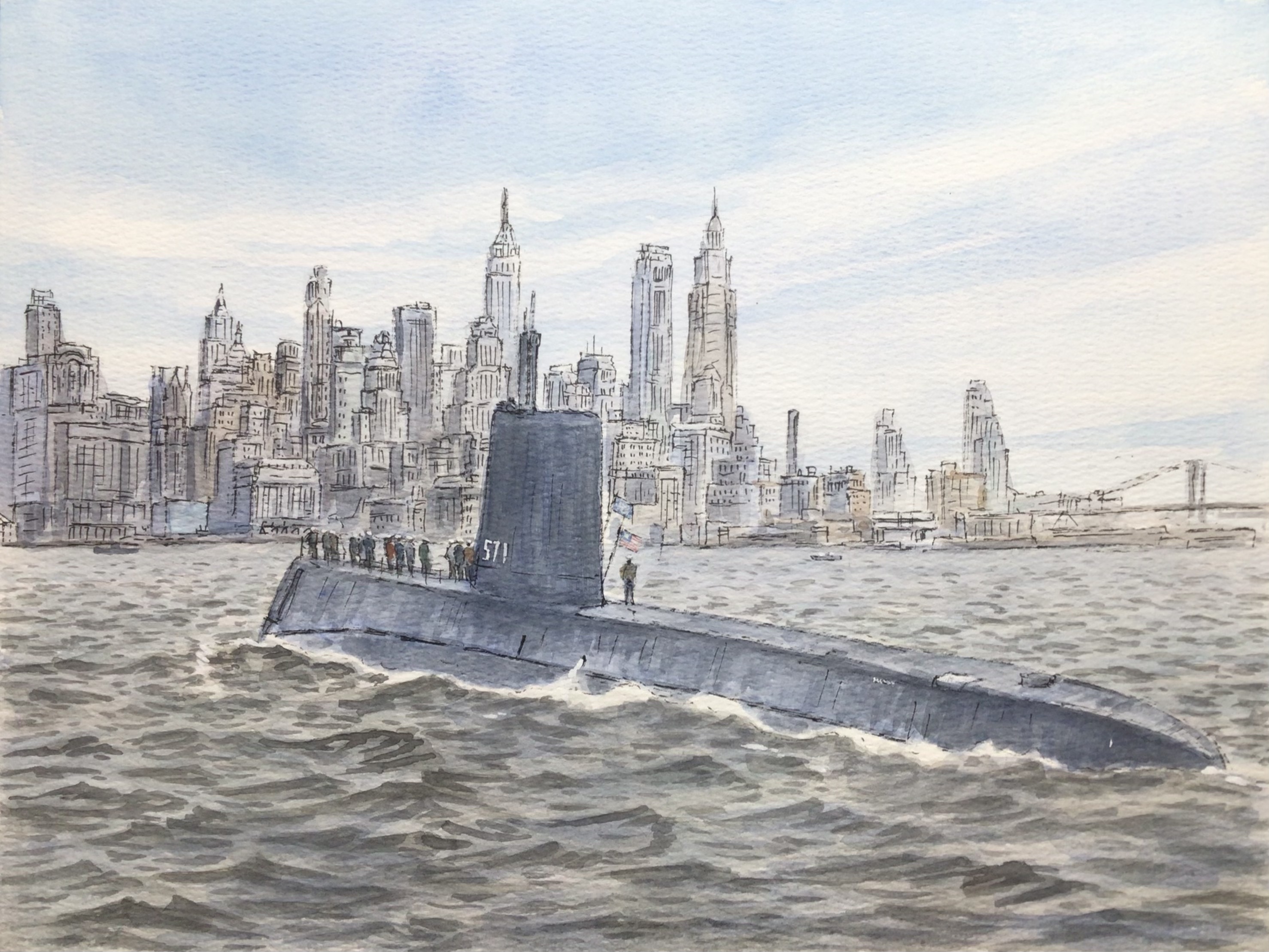 atelier bono, original, commentary request, highres, painting (medium), traditional media, watercolor (medium), 6+boys, american flag, blue sky, brooklyn bridge, building, cloud, empire state building, flag, military uniform, military vehicle, multiple boys, naval uniform, naval working uniform, new york city, real world location, sailing, scenery, ship, sky, skyscraper, submarine, united states, uss nautilus (ssn-571), vehicle focus, warship, watercraft, waves