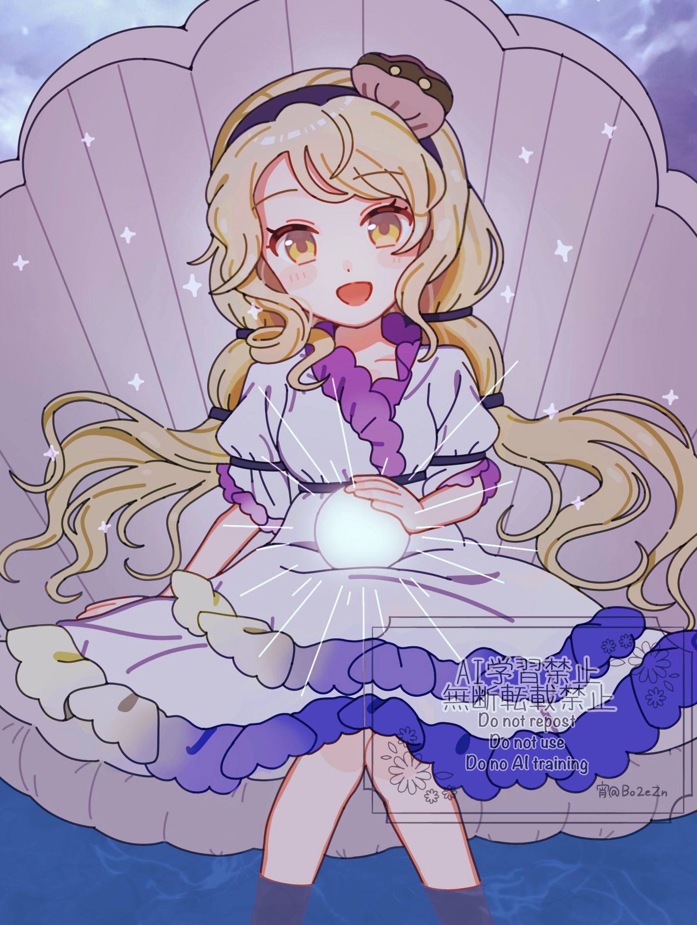 stella (pokopokobanana), watari nina, fossilized wonders, touhou, highres, 1girl, blonde hair, blush, clam, clam shell, clam shell ornament, dress, frills, gem, hairband, long hair, looking at viewer, open mouth, pearl (gemstone), short sleeves, sitting, smile, solo, wading, water, watermark, white dress, yellow eyes