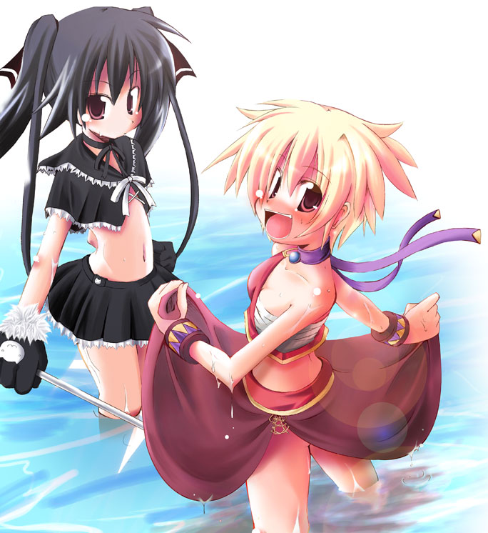 kazekawa nagi, kooh (pangya), lola, lola (pangya), pangya, fur, 2girls, back, black hair, blonde hair, blush, bracelet, choker, clothes lift, crop top, flat chest, gloves, hair ribbon, jewelry, long hair, looking back, multiple girls, navel, pink eyes, ribbon, sarashi, short hair, skirt, skirt hold, skirt lift, twintails, wading, water, wet