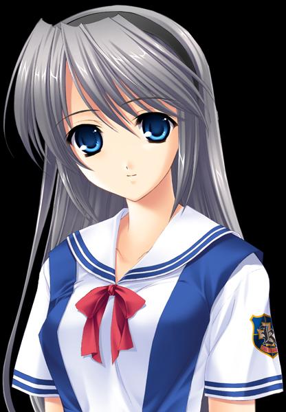 fumio (ura fmo), sakagami tomoyo, clannad, tomoyo after, silver hair, game cg, 00s, 1girl, blue eyes, female focus, long hair, school uniform, serafuku, simple background, solo