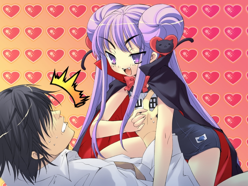 ito noizi, yamada maririn, peace@pieces, game cg, 1boy, 1girl, breasts, fangs, grabbing another's breast, groping, heart, hetero, loli, long hair, name tag, one-piece swimsuit, purple eyes, purple hair, school swimsuit, swimsuit