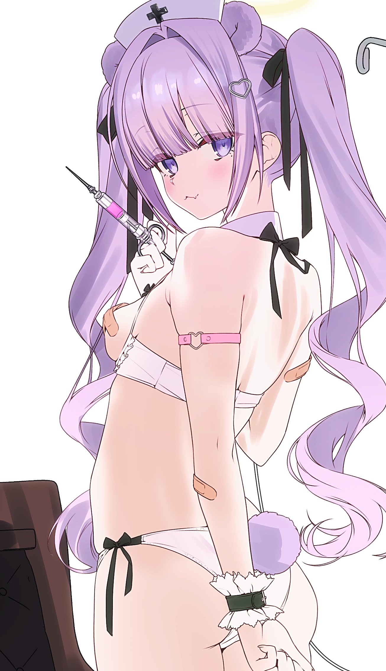 kuma 4go, original, highres, unfinished, 1girl, arm strap, bandaid, bandaid on arm, bandaids on nipples, bikini, black bow, blush, bow, breasts, cupless bikini, detached collar, hair bow, hair ornament, hairclip, hat, long hair, looking at viewer, nurse cap, pasties, purple eyes, purple hair, simple background, small breasts, solo, swimsuit, twintails, white background, white bikini, wrist cuffs