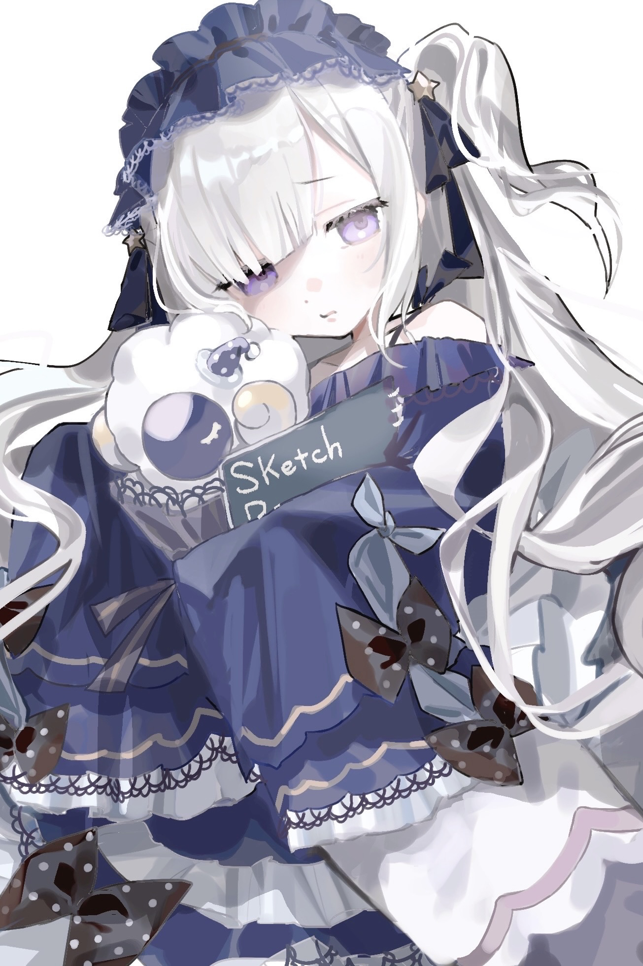 natsume anan, mahou shoujo no majo saiban, commentary request, highres, 1girl, black bow, black ribbon, blue dress, blue hairband, blunt bangs, bow, closed mouth, cowboy shot, crescent, crescent necklace, dress, frilled dress, frills, gothic lolita, grey hair, hair over one eye, hairband, holding, holding sketchbook, jewelry, lolita fashion, lolita hairband, long hair, long sleeves, looking at viewer, magical girl, neck ribbon, necklace, polka dot, polka dot bow, pon (02gr p), purple eyes, ribbon, simple background, sketchbook, sleeves past fingers, sleeves past wrists, solo, standing, star (symbol), stuffed animal, stuffed sheep, stuffed toy, very long hair, white background