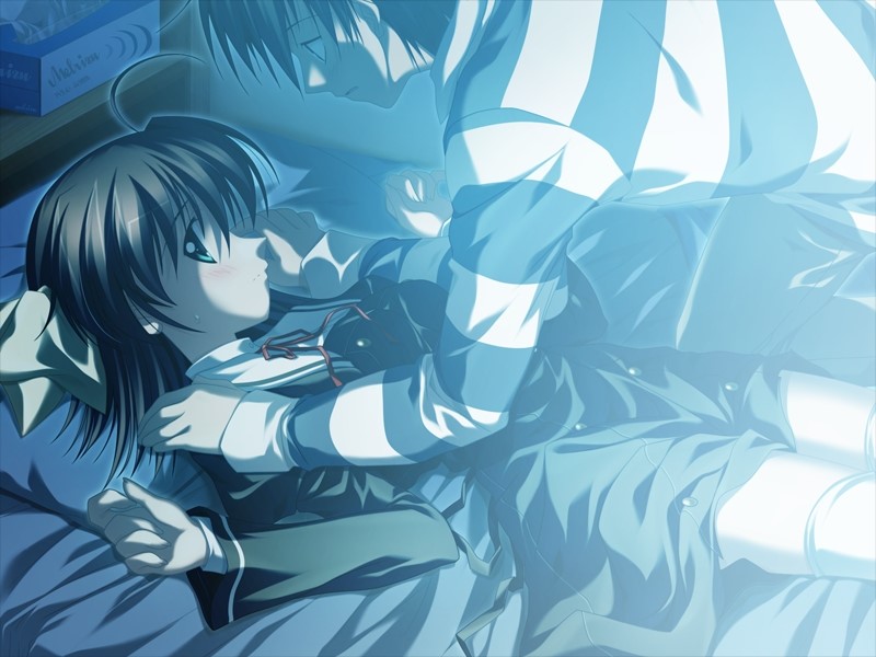 nanao naru, hirono hiro, miyamura miyako, ef (visual novel), game cg, 00s, 1boy, 1girl, bed, school uniform, serafuku