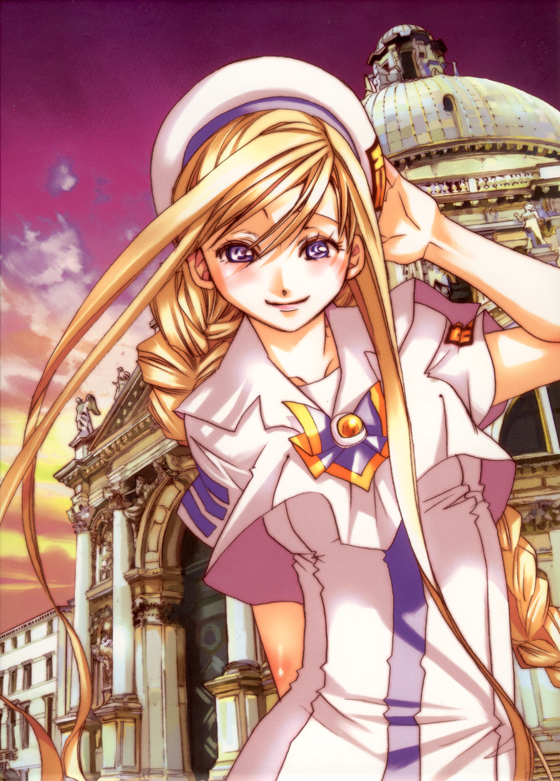 amano kozue, alicia florence, aria (manga), artbook, highres, official art, 00s, 1girl, beret, blonde hair, blouse, braid, braided ponytail, building, cloud, evening, female focus, hand on headwear, hat, long hair, looking at viewer, pillar, purple eyes, shirt, short sleeves, single braid, sky, smile, solo, twilight, white shirt