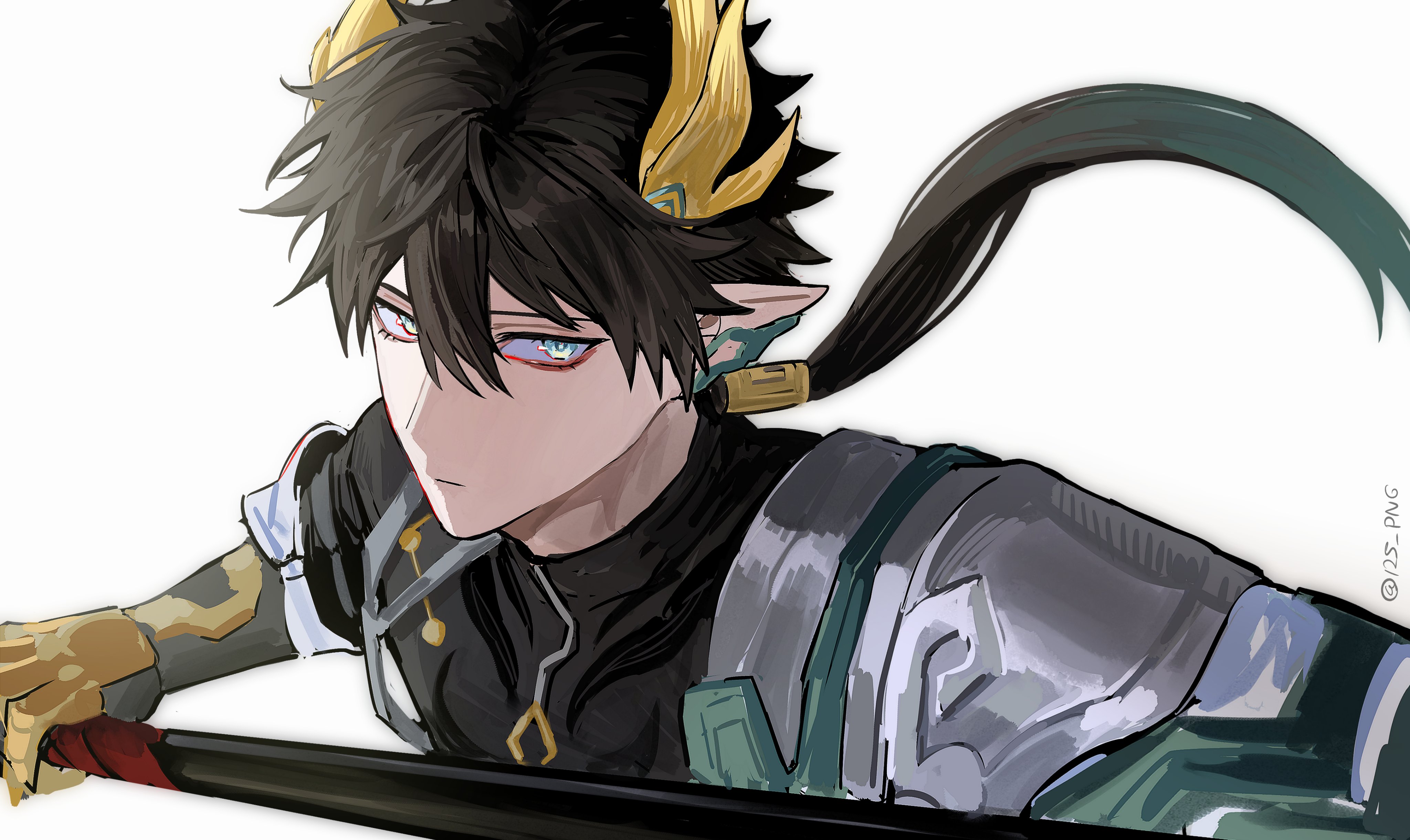 nongxy nonshi, dan heng (honkai: star rail), dan heng (permansor terrae) (honkai: star rail), honkai: star rail, honkai (series), absurdres, commentary, hashtag-only commentary, highres, 1boy, asymmetrical clothes, black hair, black shirt, blue eyes, double-parted bangs, ear covers, eyeliner, floating hair, gloves, hair between eyes, holding, holding polearm, holding weapon, horns, looking to the side, makeup, male focus, pointy ears, polearm, ponytail, red eyeliner, shirt, sideways glance, simple background, solo, twitter username, upper body, weapon, white background, yellow horns