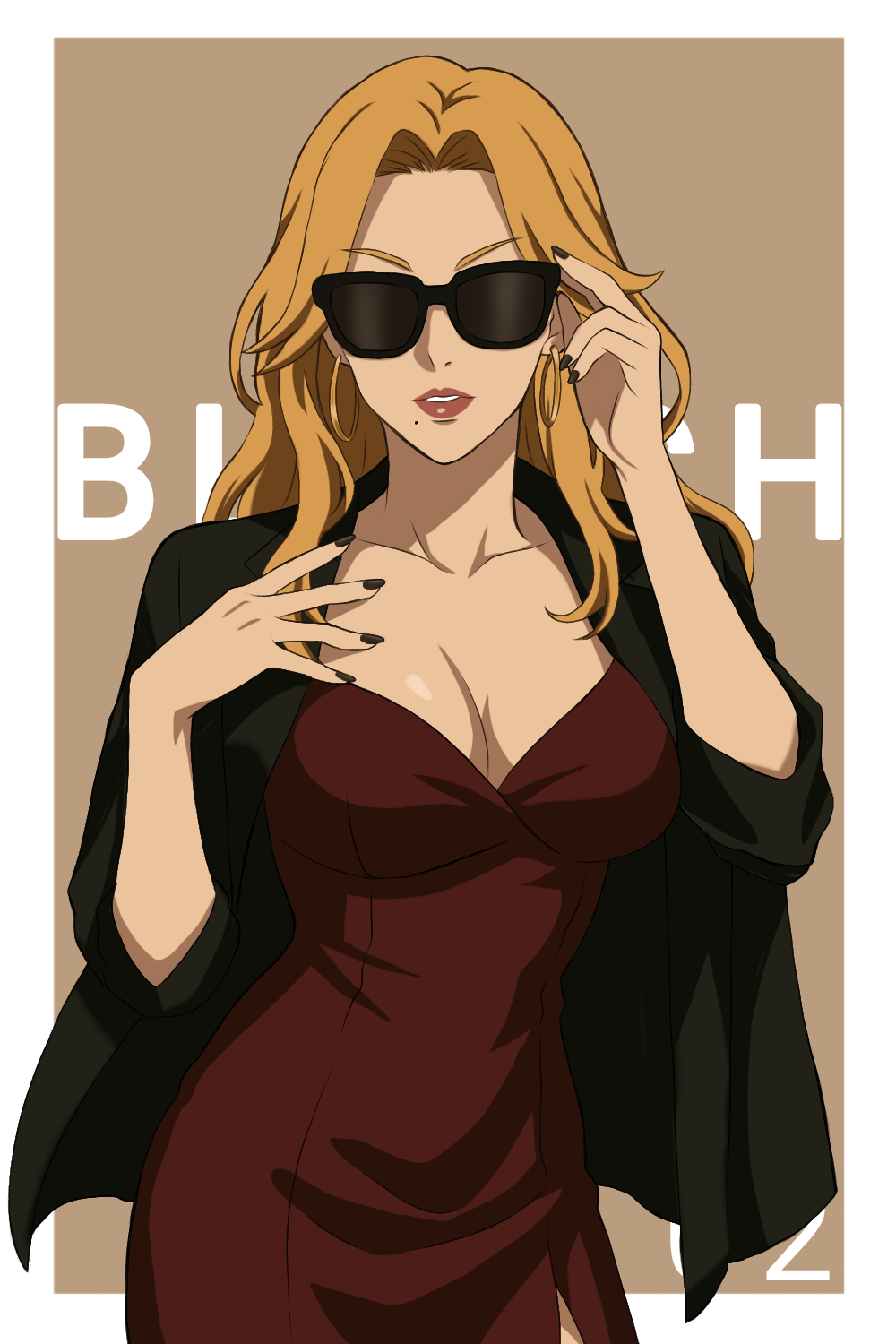 b eaka, matsumoto rangiku, bleach, commentary, highres, 1girl, alternate costume, bespectacled, black jacket, black nails, border, breasts, brown background, cleavage, collarbone, contemporary, copyright name, cowboy shot, dress, earrings, facing viewer, forehead, glasses, hands up, hoop earrings, jacket, jewelry, large breasts, light smile, long hair, mature female, mole, mole under mouth, nail polish, nose, open clothes, open jacket, orange hair, outside border, parted bangs, parted lips, red dress, red lips, simple background, solo, sunglasses, v-shaped eyebrows, white border
