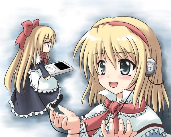 iseki mitsuharu, alice margatroid, shanghai doll, touhou, 1girl, blonde hair, digital media player, female focus, headphones, ipod, ipod nano, ipod nano 3g, short hair, solo