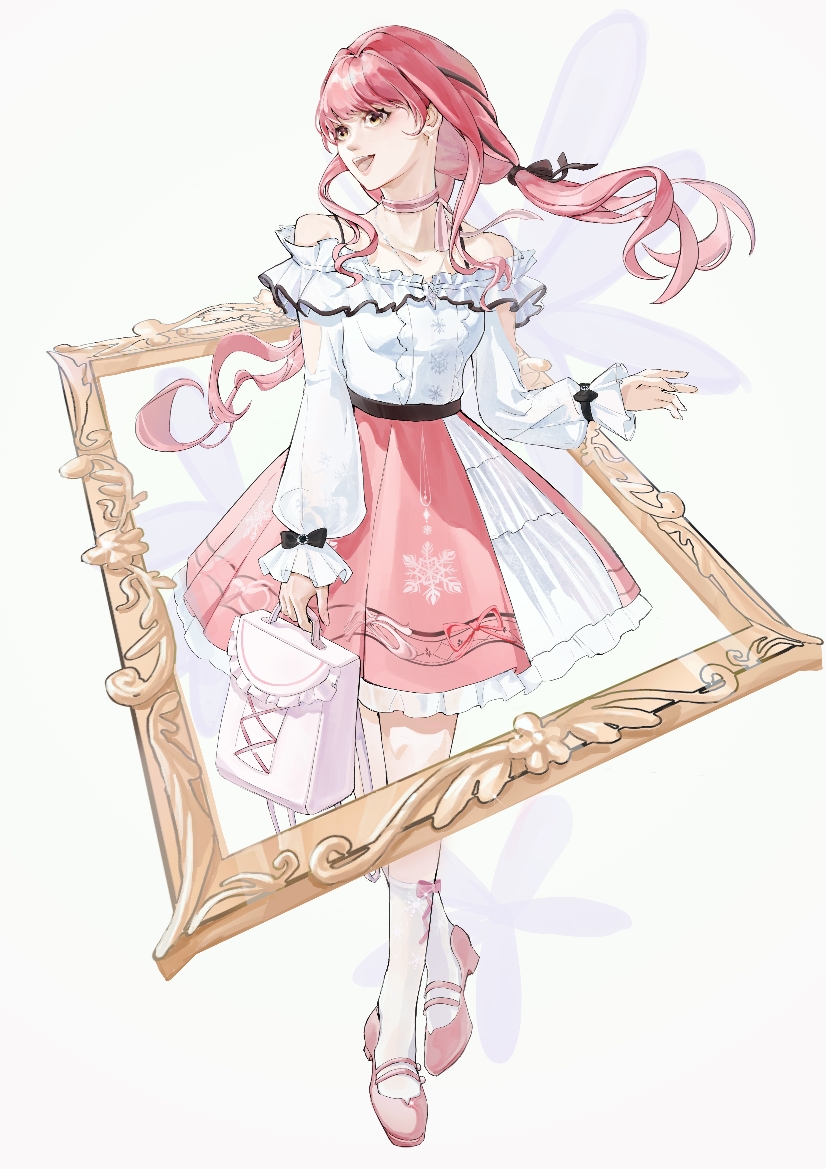 nikki (nikki), perfect start (infinity nikki), infinity nikki, nikki (series), 1girl, ankle socks, arm cutout, backpack, bag, bare shoulders, belt, black belt, black bow, black ribbon, bow, bow choker, bow legwear, bowtie, bra strap, brown eyes, buttons, center frills, choker, clothing cutout, collarbone, cross-laced clothes, cross-laced legwear, eyelashes, floating hair, floral background, frilled bag, frilled shirt, frilled skirt, frills, full body, hair bow, hair ribbon, happy, high-waist skirt, high heels, holding, holding bag, jewelry, lips, long hair, long sleeves, looking to the side, low twintails, medium skirt, necklace, off-shoulder shirt, off shoulder, open mouth, outstretched hand, picture frame, pink bow, pink bowtie, pink choker, pink hair, pink shoes, pink skirt, pleated skirt, puffy long sleeves, puffy sleeves, pumps, ribbon, shirt, shoes, sidelocks, single stripe, skirt, sleeve cuffs, smile, snowflake print, socks, solo, standing, striped bow, striped bowtie, striped choker, striped clothes, teeth, tress ribbon, twintails, upper teeth only, very long hair, wavy hair, white background, white bag, white shirt, white skirt, white socks, xiaohan bu xiaxue