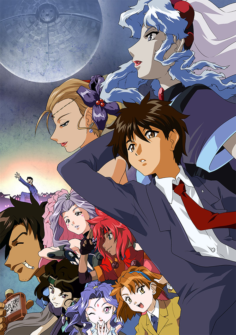 mizuki hitoshi, afura mann, alielle, ifurita, jinnai katsuhiko, jinnai nanami, miz mishtal, mizuhara makoto, rune venus, shayla-shayla, el hazard, 1990s (style), 3boys, 6+girls, blue hair, blue hairband, blue jacket, blue necktie, brown eyes, brown hair, cigarette, collared shirt, dark-skinned female, dark skin, dress shirt, earrings, facial mark, fingerless gloves, forehead mark, fujisawa masamichi, gloves, green headband, hair between eyes, hairband, headband, jacket, jewelry, lipstick, long hair, long sleeves, makeup, multiple boys, multiple girls, necktie, open clothes, open jacket, pink eyes, purple hair, purple lips, red hair, red lips, red necktie, retro artstyle, shirt, short hair, smile, white shirt, yellow jacket
