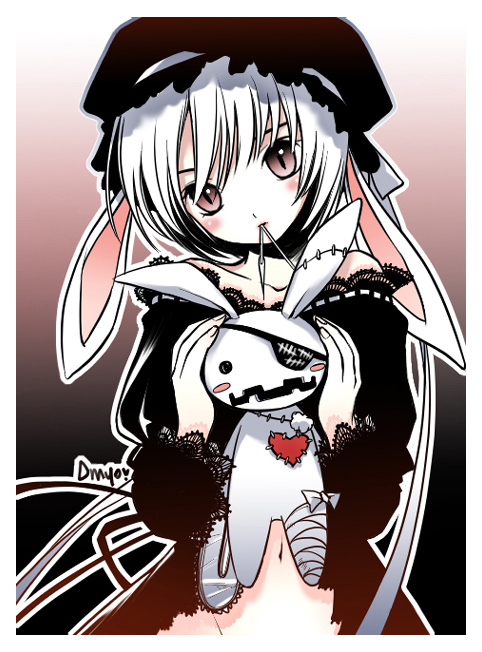 shirahane nao, 1girl, animal ears, bandages, blush, doll, eyepatch, female focus, gradient background, head tilt, heart, lace, lace-trimmed sleeves, lace trim, mouth hold, navel, needle, no panties, outline, rabbit, rabbit ears, solo, stitches, stuffed animal, stuffed rabbit, stuffed toy, toy