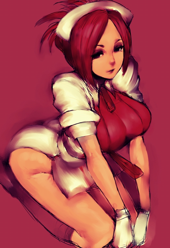 fumio (rsqkr), garnet (the rumble fish), the rumble fish, 1girl, ass, boots, breasts, closed mouth, dress, dutch angle, eyeshadow, female focus, folded ponytail, from above, from side, full body, gloves, half-closed eyes, hands on own knees, hat, huge breasts, knee boots, large breasts, leotard, leotard under clothes, looking at viewer, makeup, nurse, nurse cap, open clothes, open dress, oversized zipper, red background, red boots, red hair, red leotard, seiza, short dress, short hair, short sleeves, side slit, sitting, sketch, solo, unzipped, white gloves, zipper, zipper pull tab