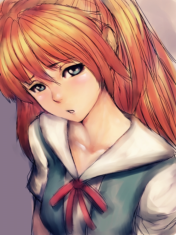 fumio (rsqkr), souryuu asuka langley, neon genesis evangelion, 1girl, blue eyes, female focus, gradient background, school uniform, serafuku, solo