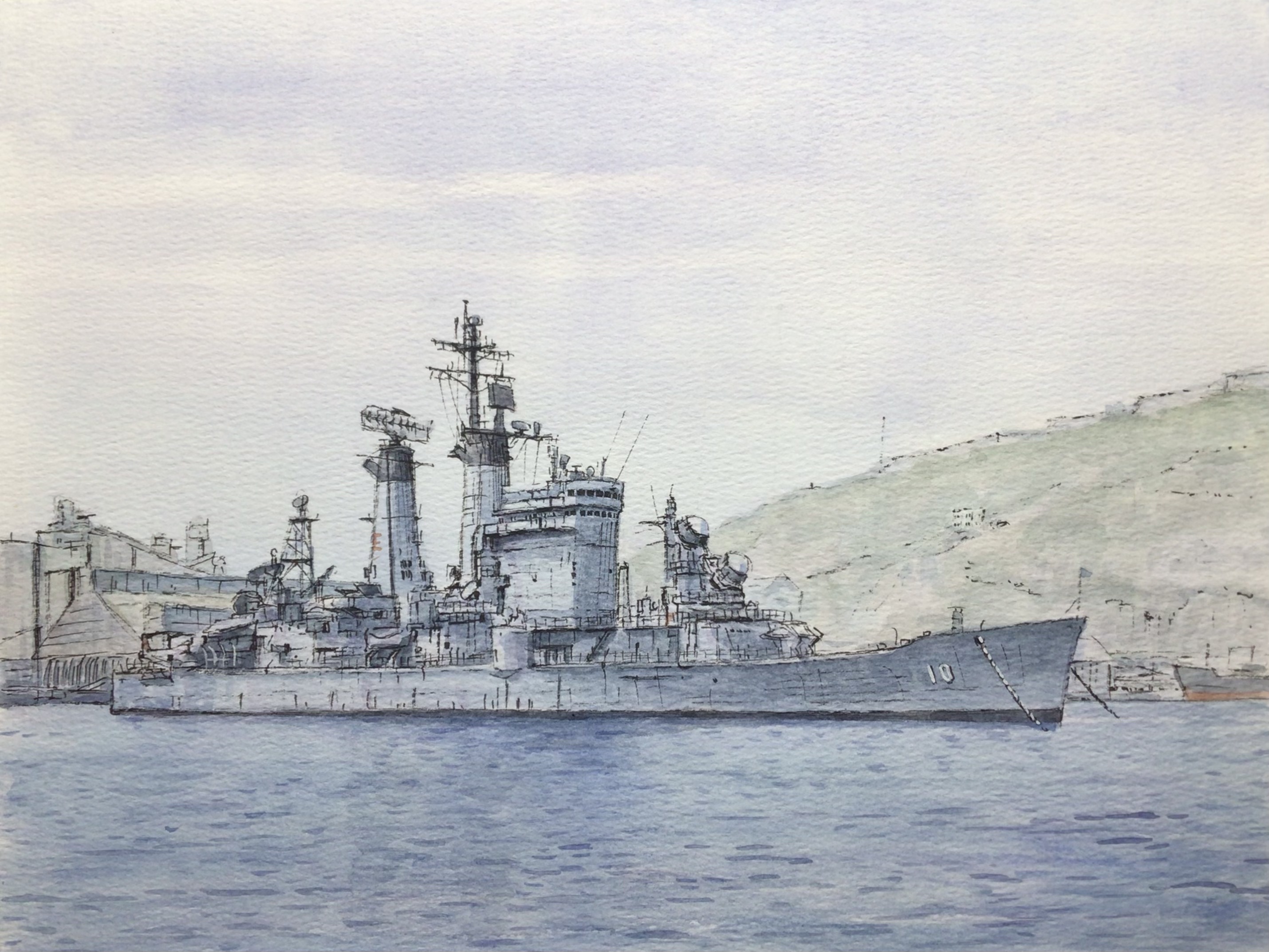 atelier bono, original, united states navy, commentary request, highres, painting (medium), traditional media, watercolor (medium), cloud, cloudy sky, cruiser, mast, military vehicle, no humans, ocean, pier, port, radar, scenery, ship, sky, smokestack, uss albany (ca-123), vehicle focus, warship, watercraft