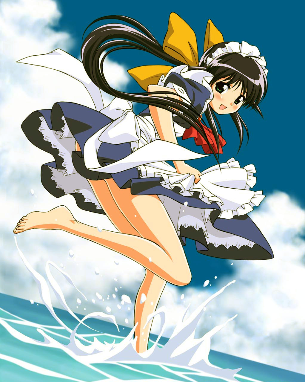 hamaya shin'ichi, andou mahoro, mahoromatic, highres, 1girl, apron, barefoot, beach, black hair, blush, bow, day, dress, feet, female focus, green eyes, hair bow, legs, maid, maid apron, ponytail, solo