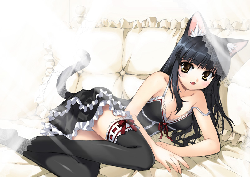 light, 1girl, animal ears, black dress, black hair, black thighhighs, breasts, cat ears, cat tail, cleavage, dress, fang, female focus, gothic lolita, lolita fashion, long hair, lying, panties, solo, strap slip, tail, thighhighs, underwear, white panties, yellow eyes