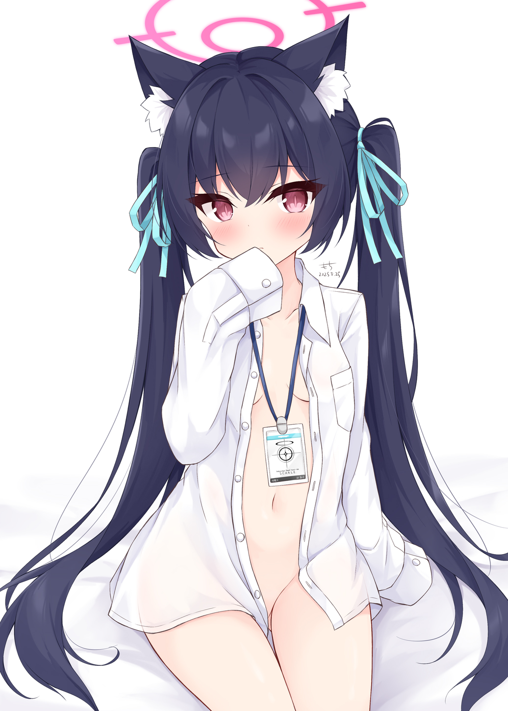 mochizuki riku, serika (blue archive), blue archive, highres, 1girl, animal ear fluff, animal ears, black hair, breasts, cat ears, cat girl, hair ribbon, halo, long hair, looking at viewer, naked shirt, navel, open clothes, open shirt, red eyes, ribbon, shirt, small breasts, solo, twintails, white shirt
